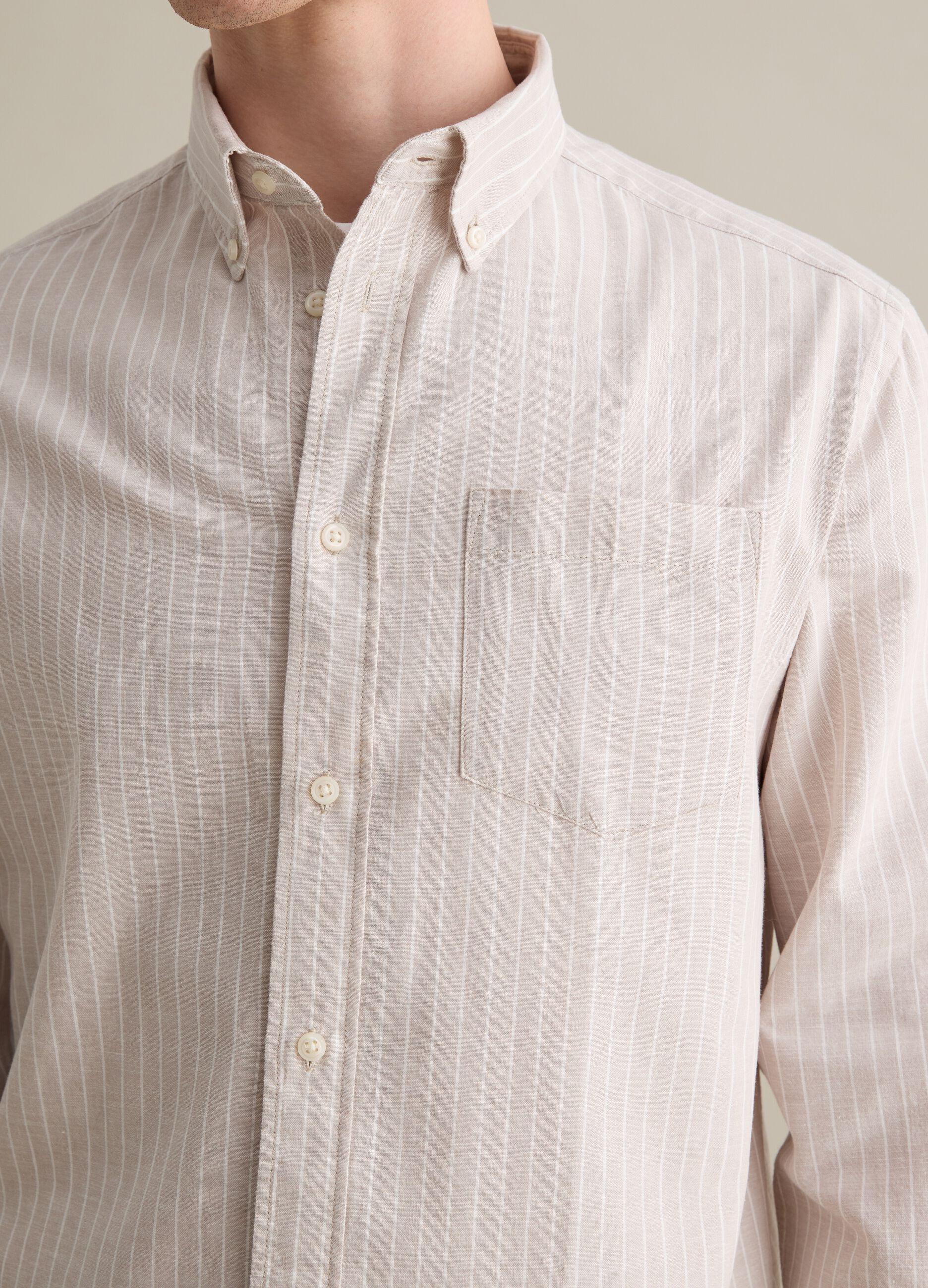 Beige striped regular shirt in cotton and linen