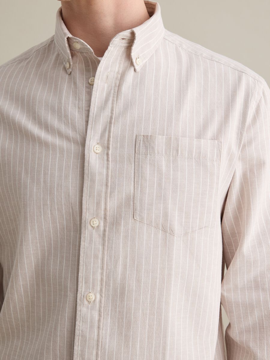 Beige striped regular shirt in cotton and linen_2
