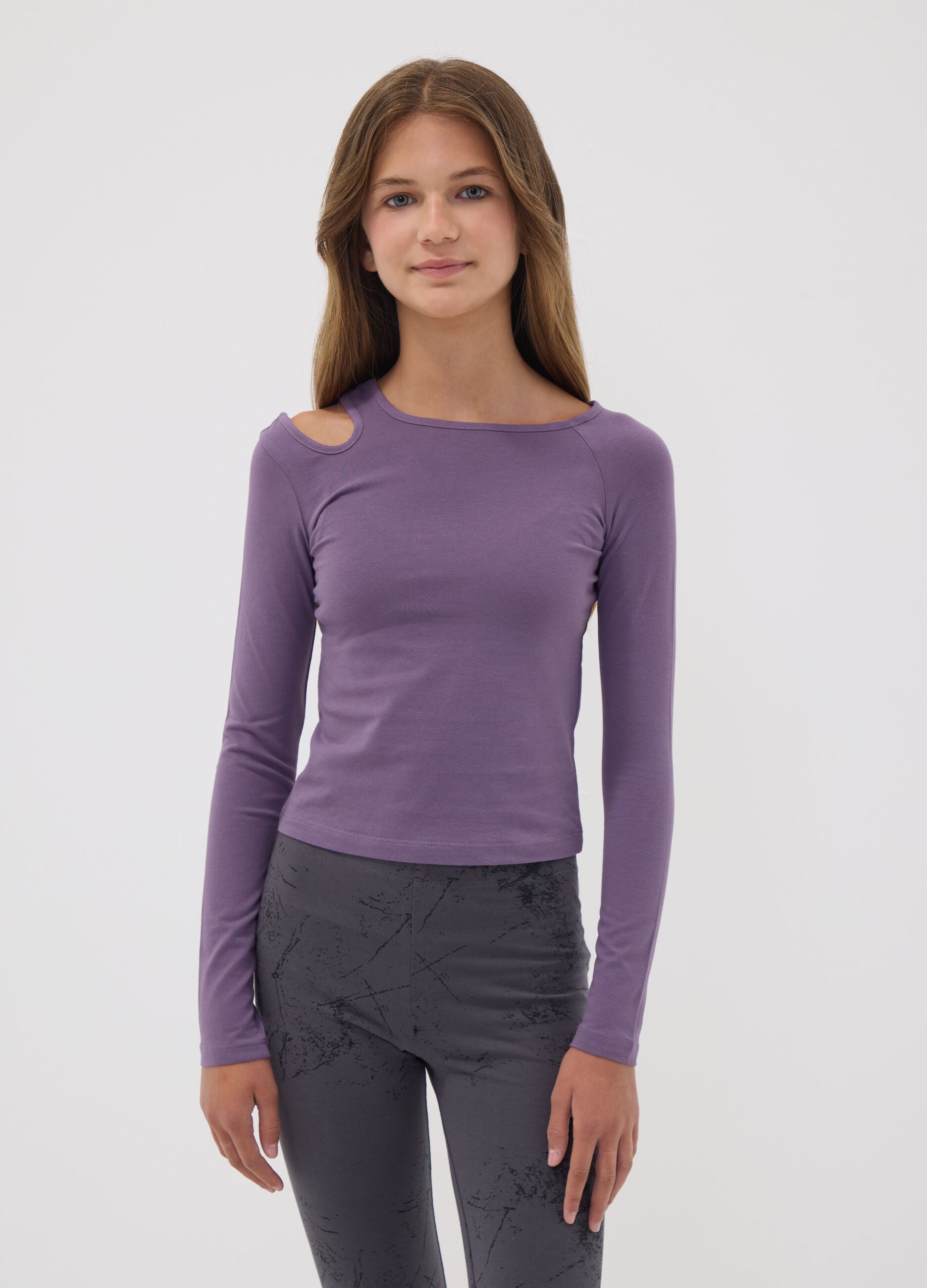 Purple stretch organic cotton cut-out T-shirt for girls