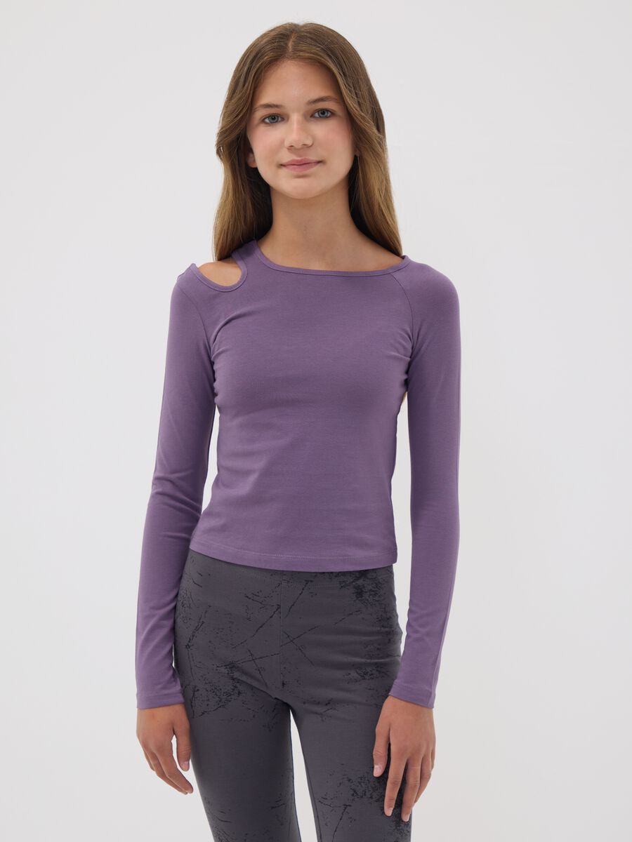 T-shirt viola in cotone organico elasticizzato con cut-out per ragazza_1