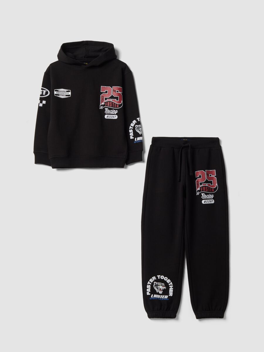 Black cotton-blend tracksuit with hood and sporty prints for boys_0