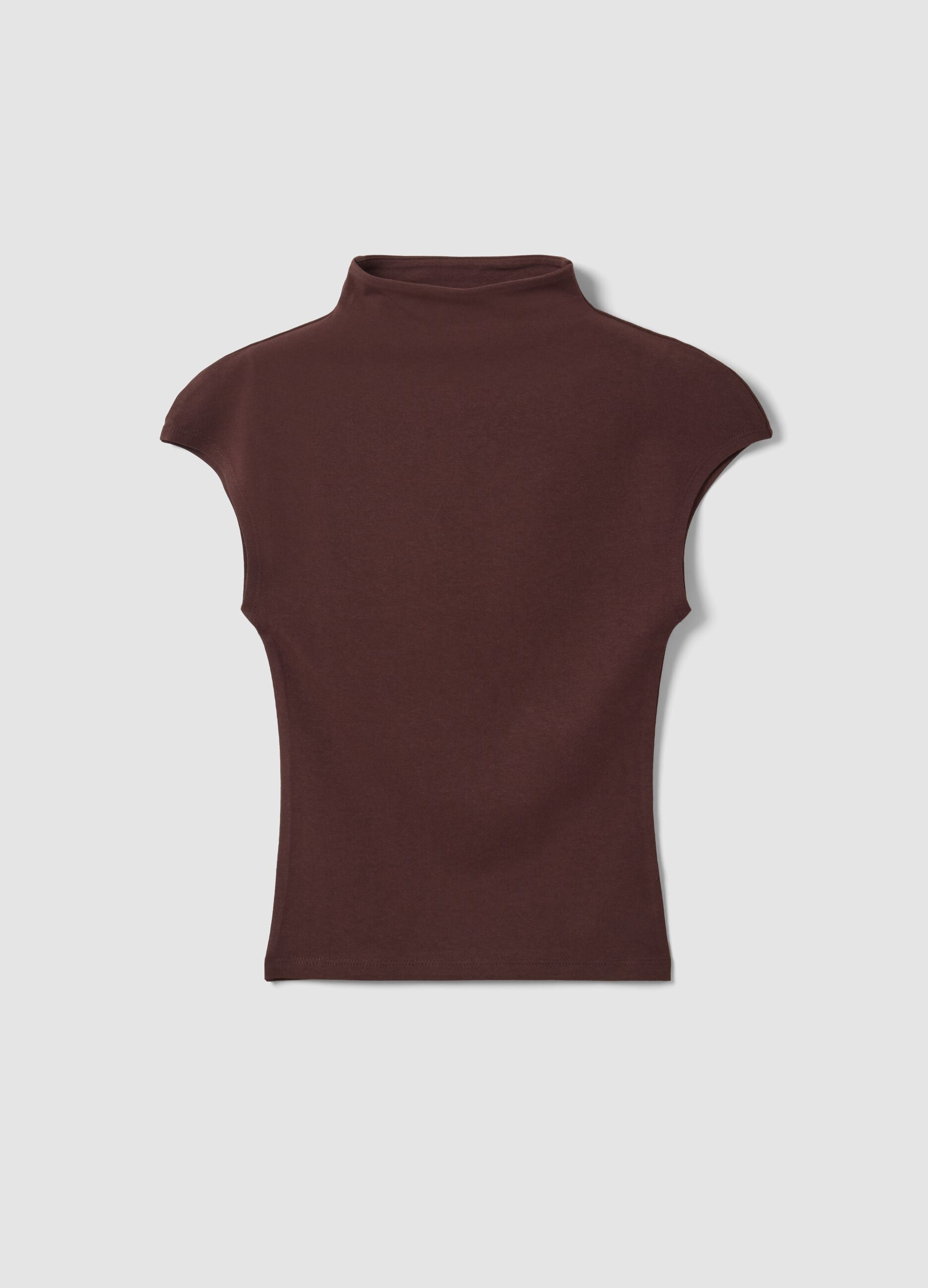 Brown fitted modal and stretch cotton T-shirt with high neck