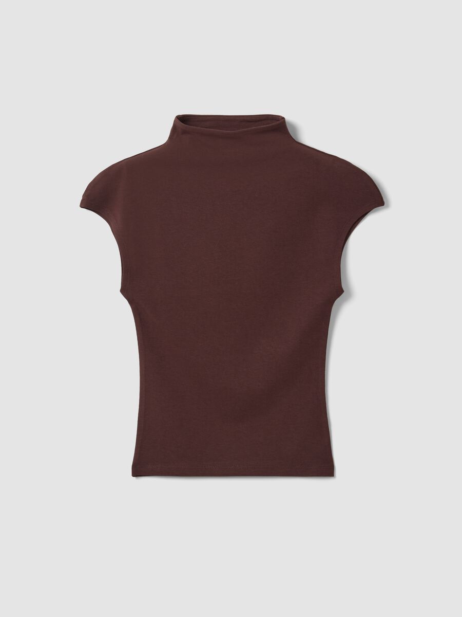Brown fitted modal and stretch cotton T-shirt with high neck_0