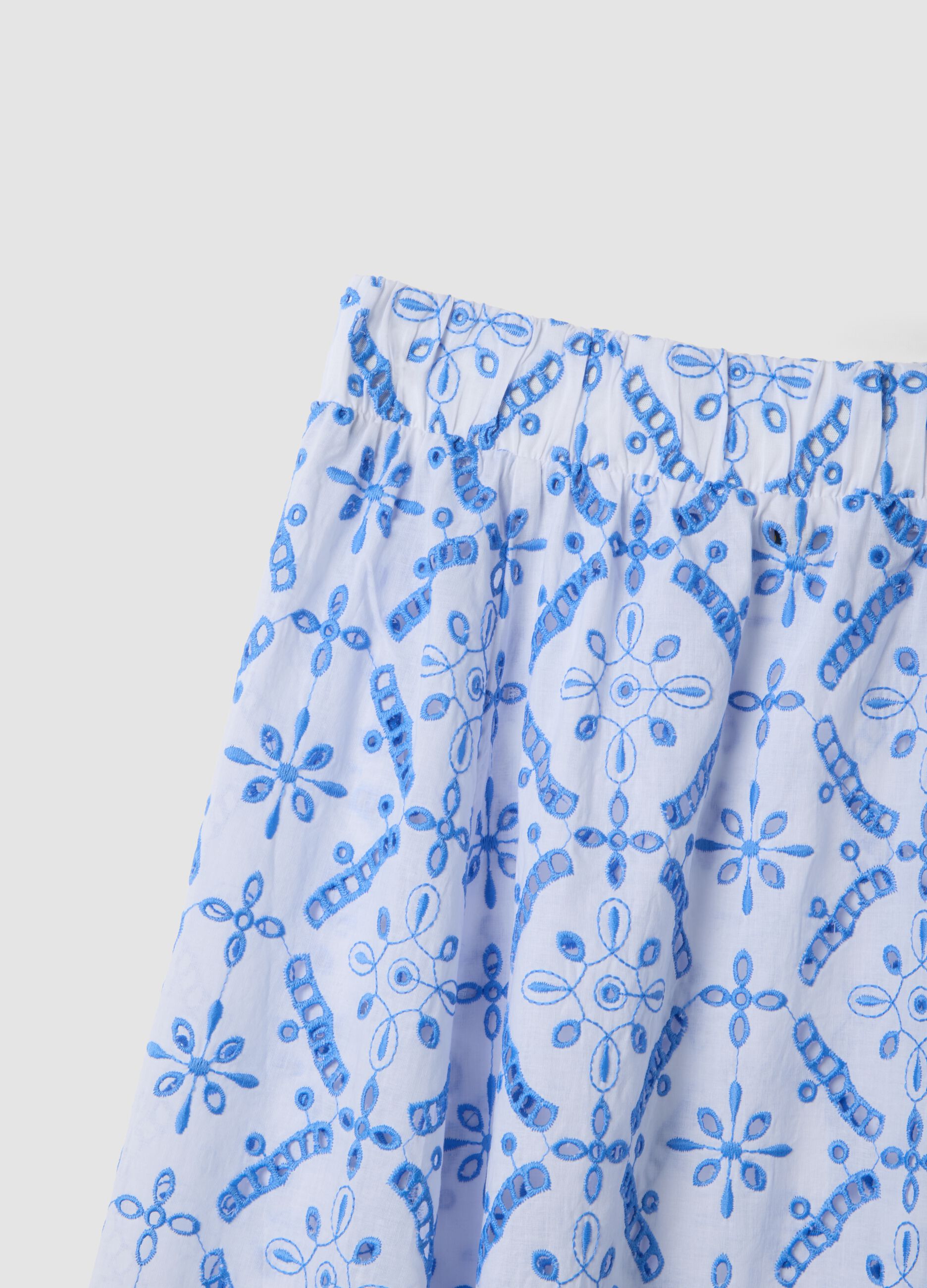 Blue organic cotton skirt with broderie anglaise embroidery