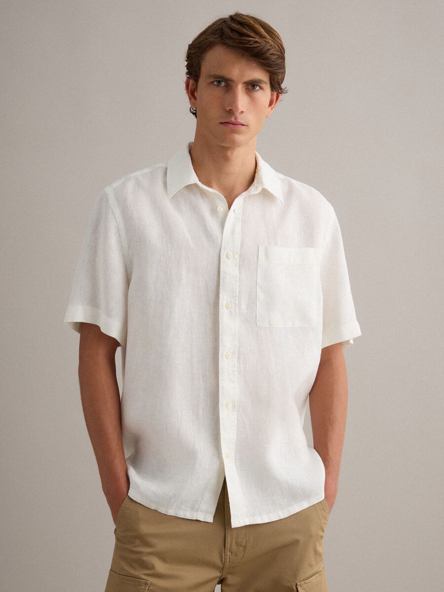 Camicia a maniche corte in puro lino bianca regular fit con taschino_1