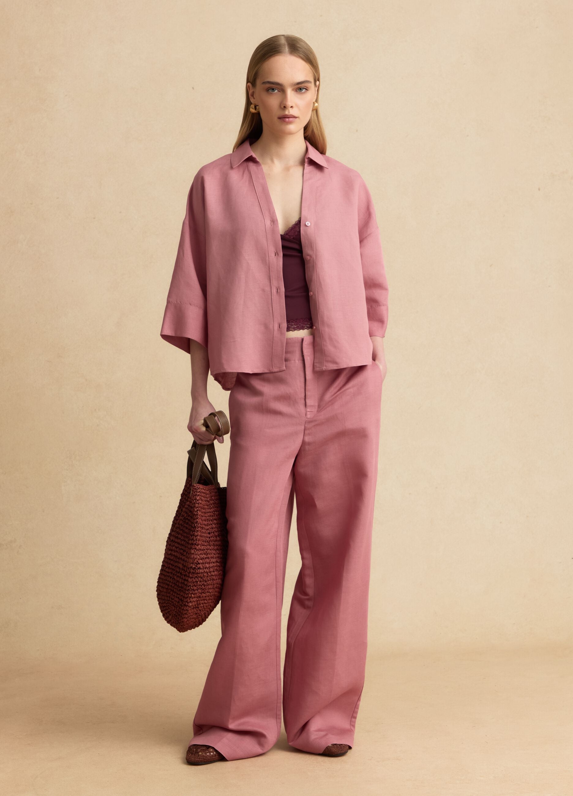 Pink linen-viscose blend shirt with oversized fit