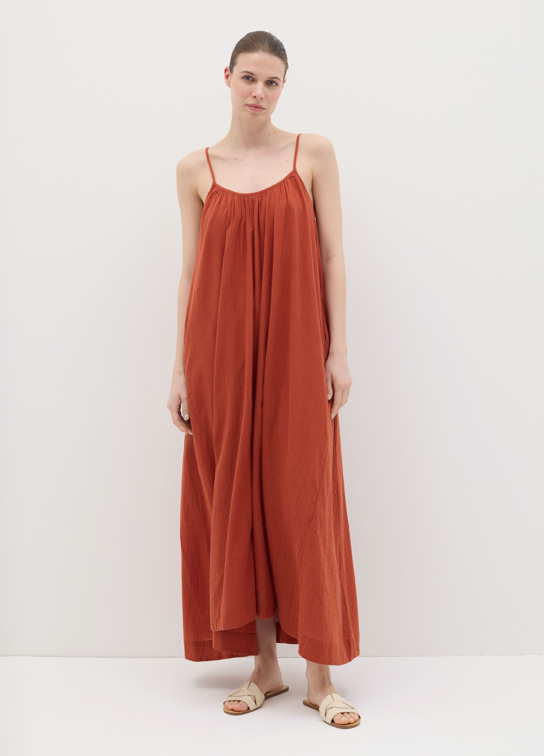 Women's orange full-length sleeveless dress in 100% cotton