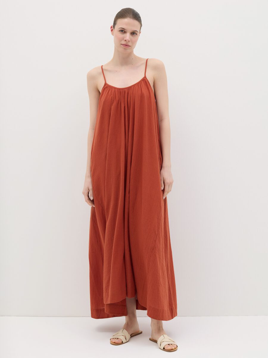 Women's orange full-length sleeveless dress in 100% cotton_0