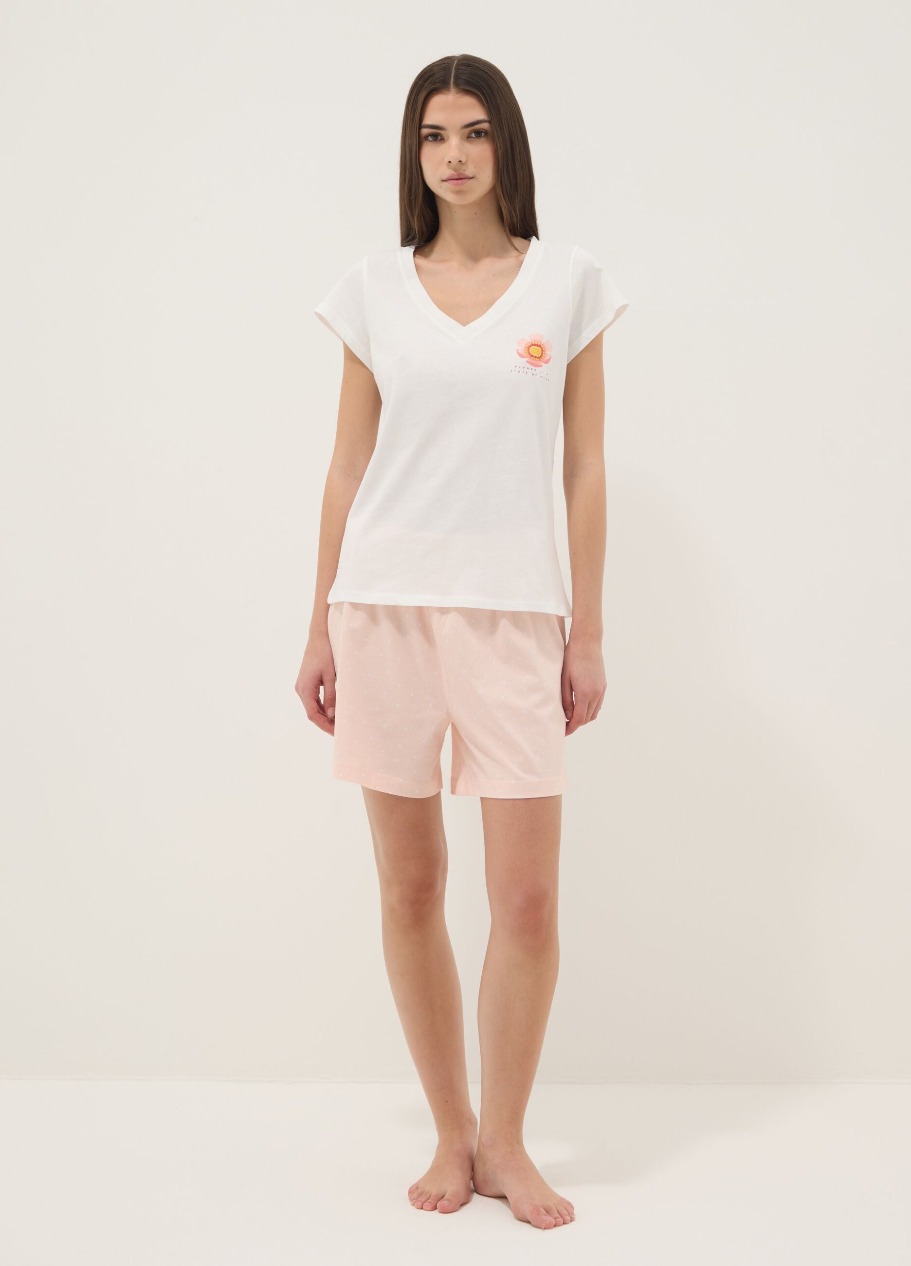 White pure cotton V-neck regular fit pajama shirt