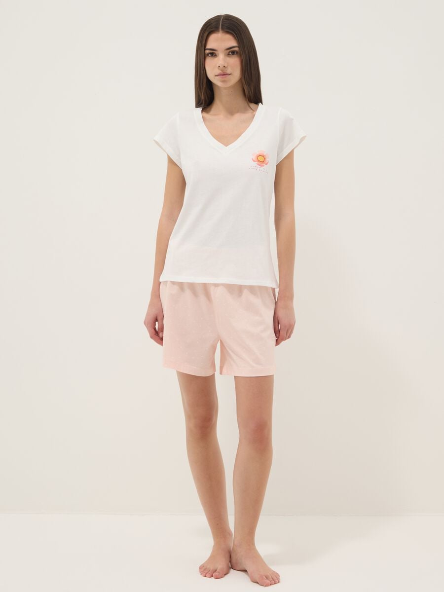 Maglietta pigiama in puro cotone bianca regular fit con scollo a V_0