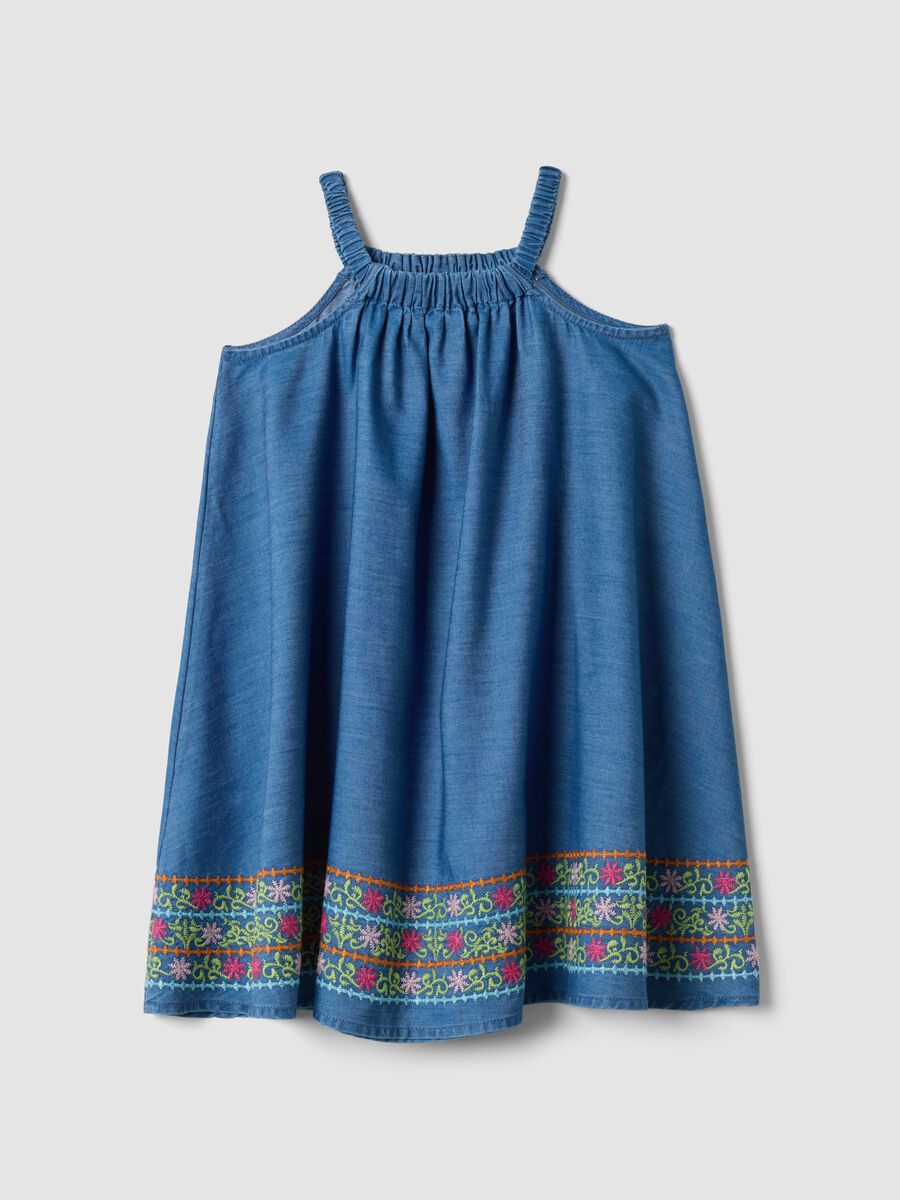 Blue pure lyocell dress with straps and hem embroidery_1