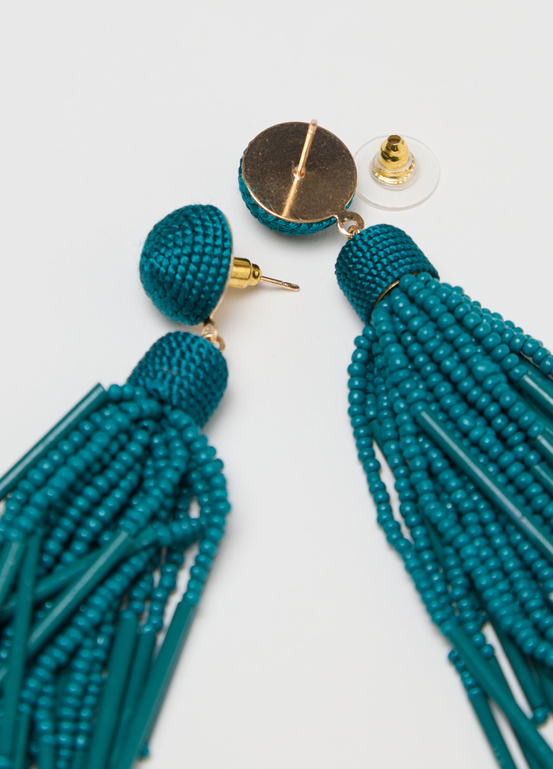 Pendant earrings with beaded fringing