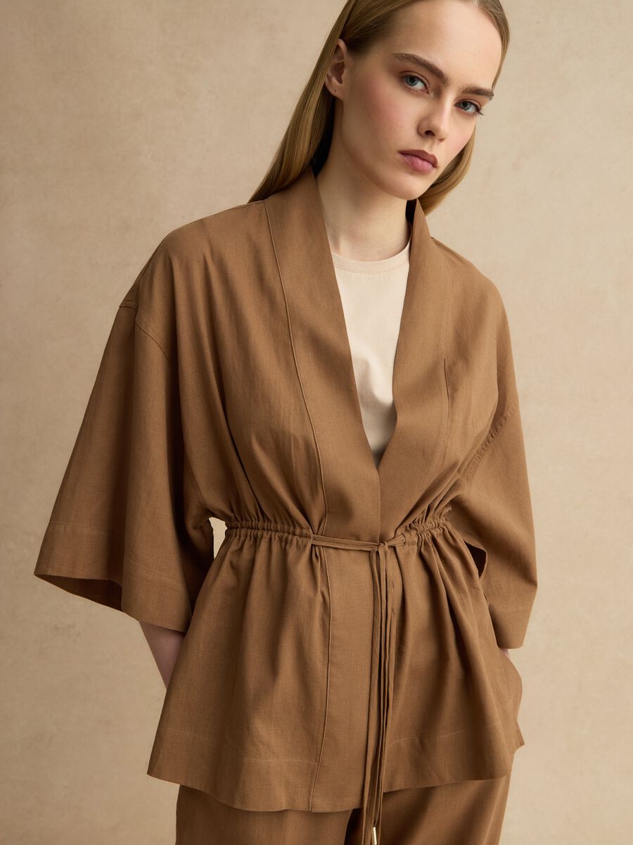 Brown linen blend regular fit blazer with ties_3