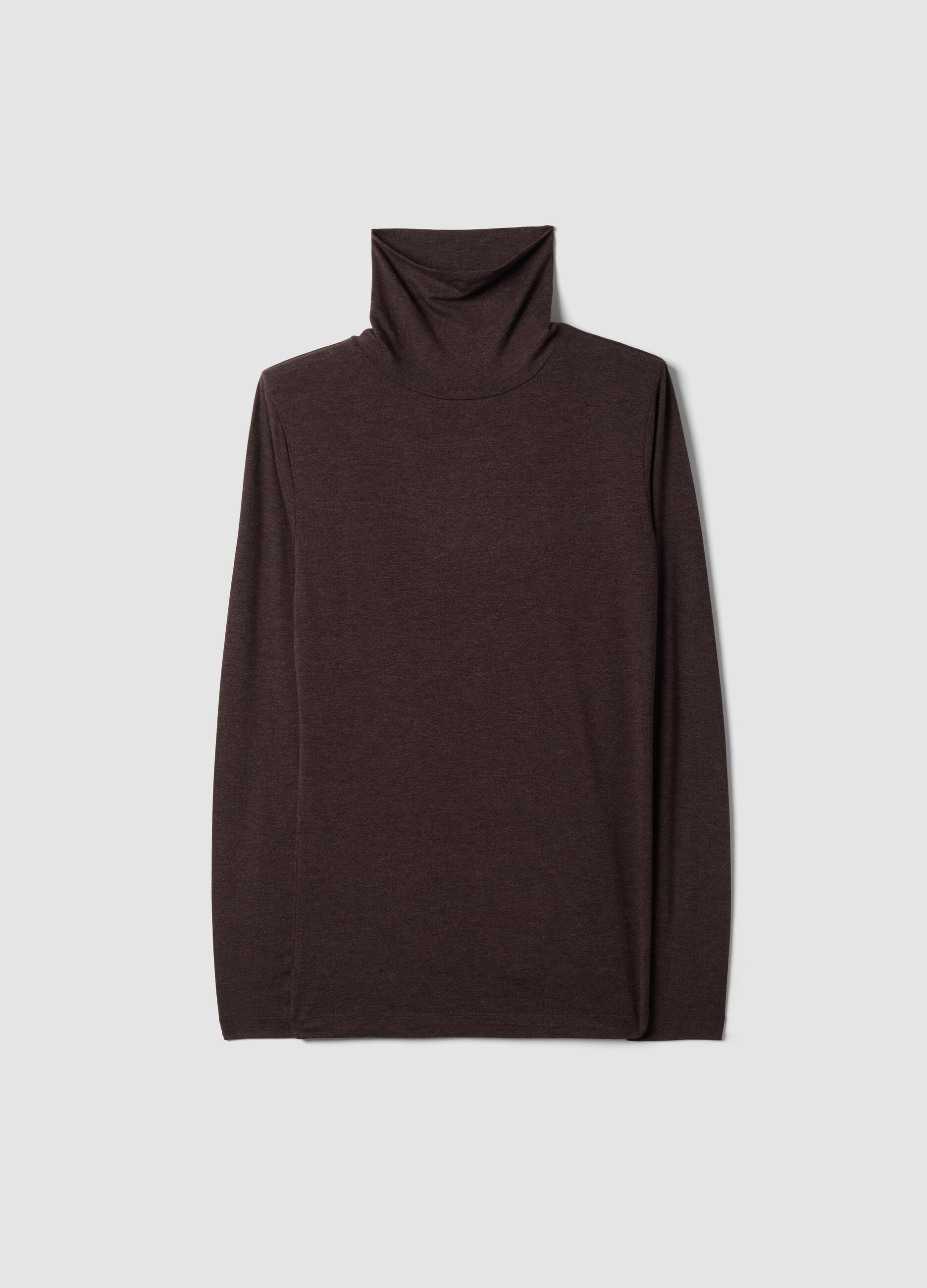 Brown stretch viscose top with mock neck, regular fit