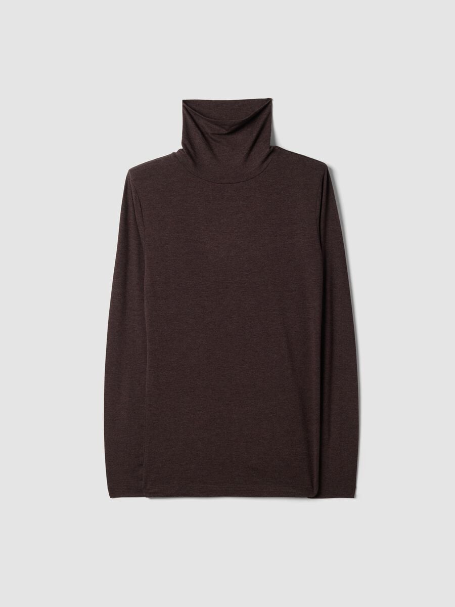 Brown stretch viscose top with mock neck, regular fit_4