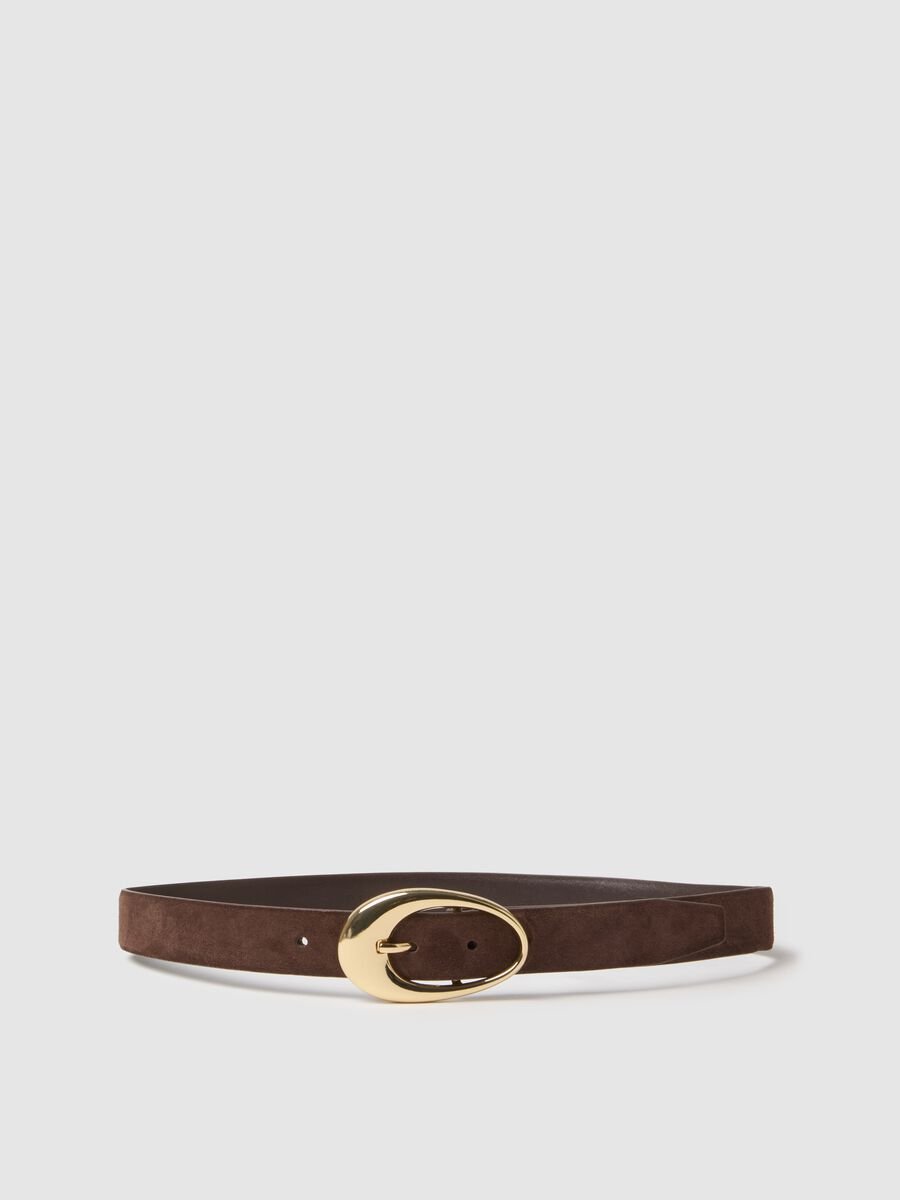 Brown genuine leather belt with golden buckle_0