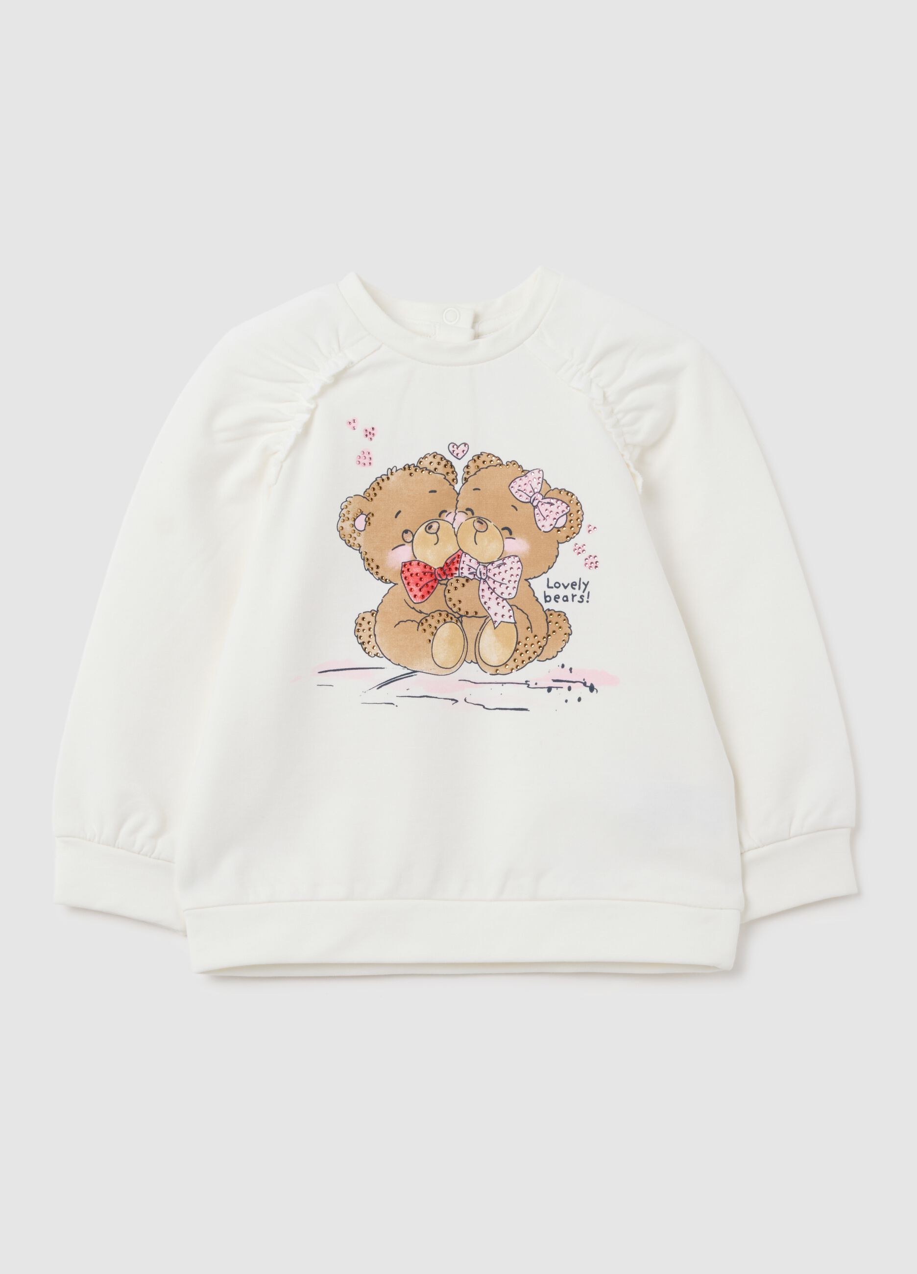 Regular fit white stretch cotton girls' sweatshirt with teddy bears