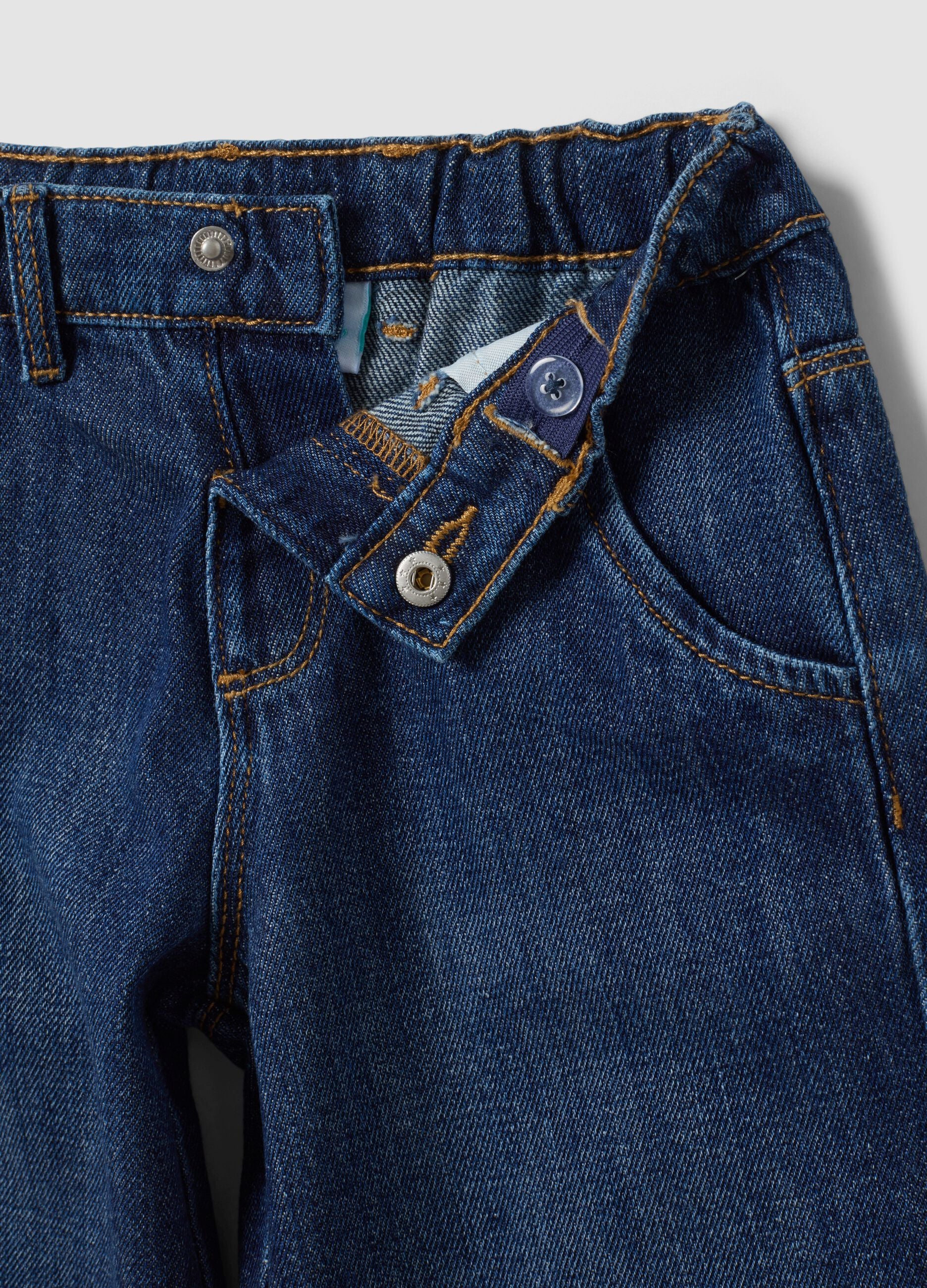 Blue cotton-viscose blend jeans with Mickey print, baggy fit for baby boy