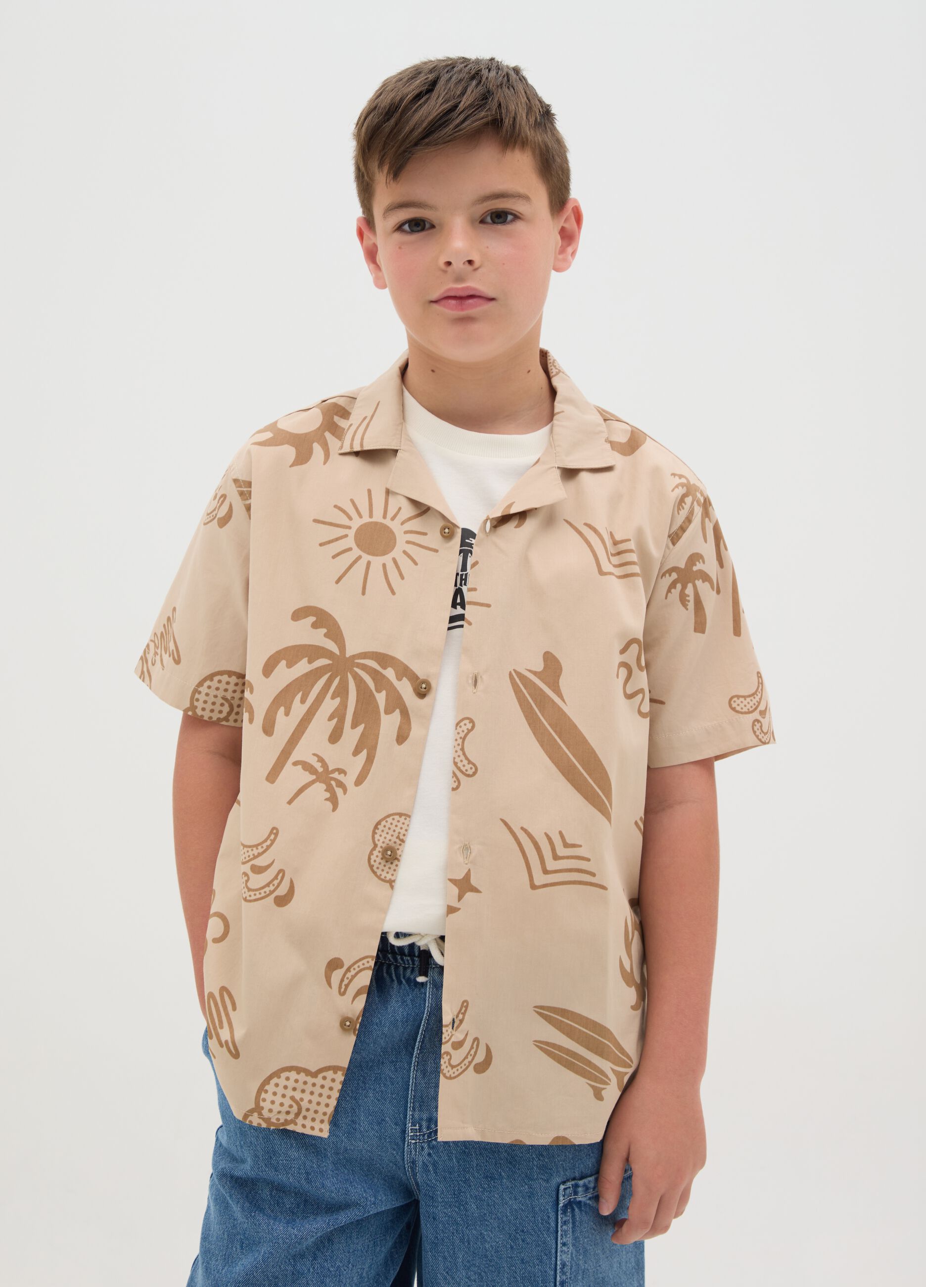Boys' pure cotton beige oversized shirt with bowling collar