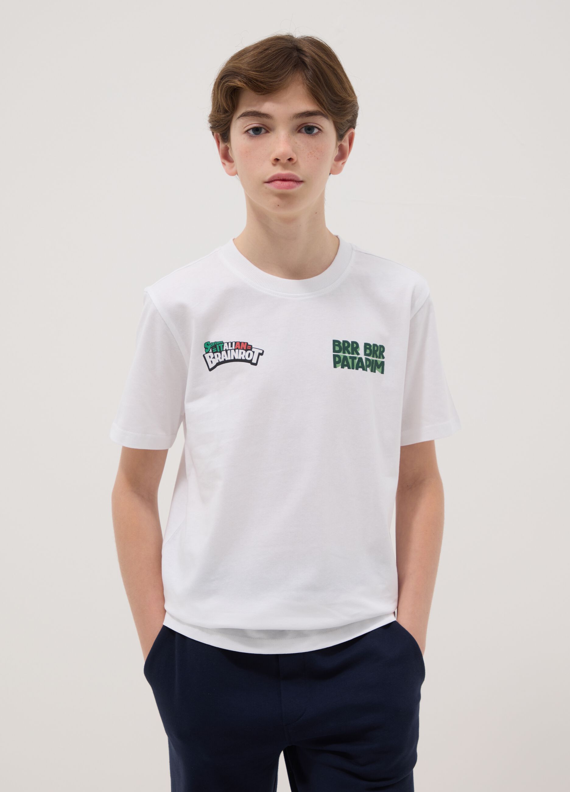 Boys' white pure cotton t-shirt regular fit with prints