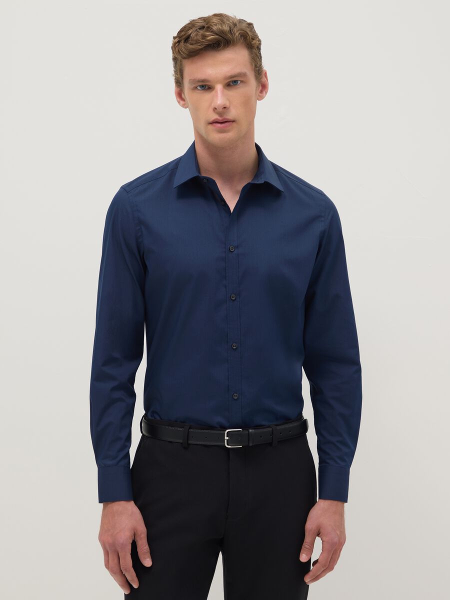 Blue Slim Fit Shirt with Classic Collar_0