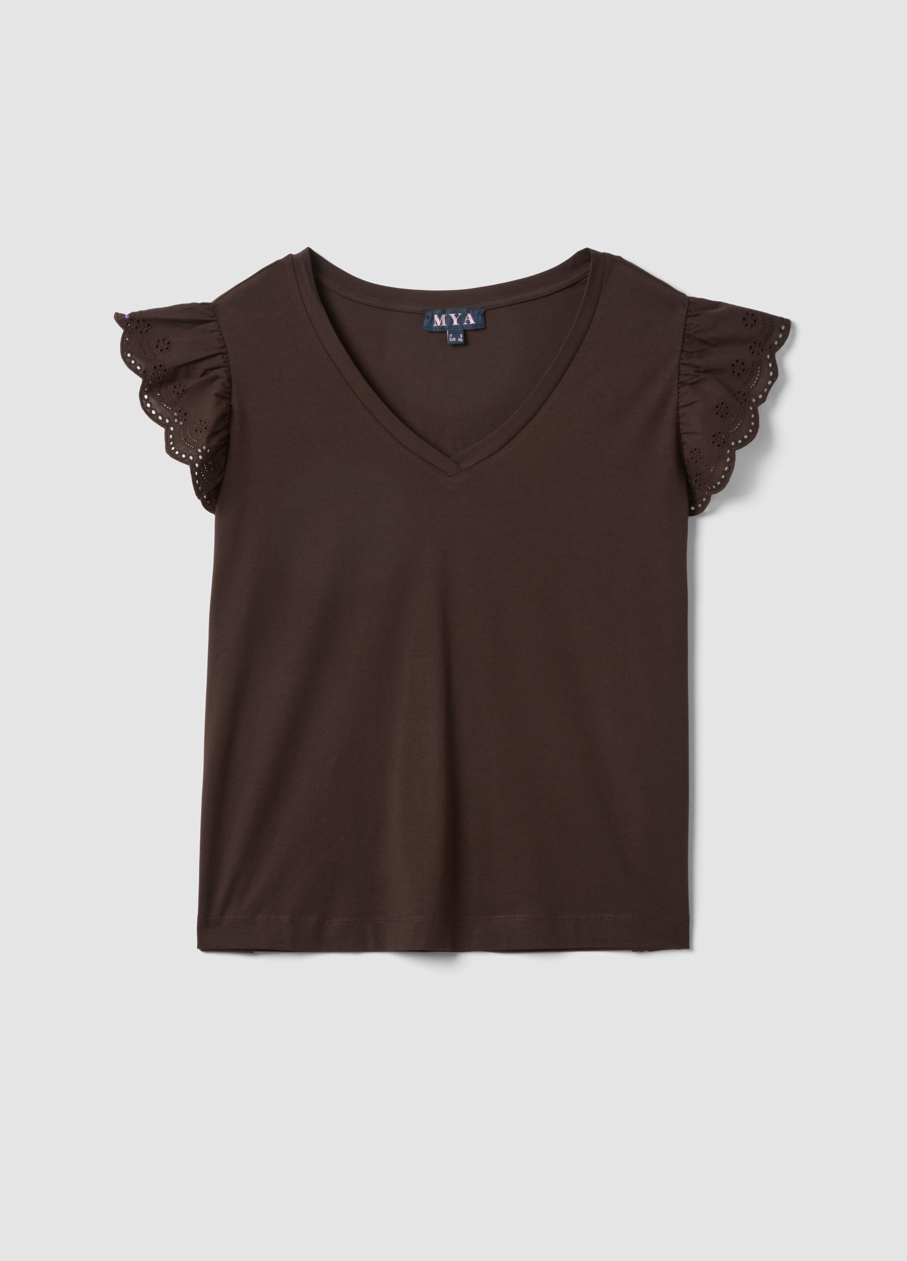 T-shirt marrone in cotone elasticizzato con maniche volant regular fit