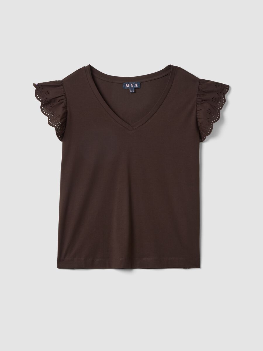 Brown stretch cotton T-shirt with ruffle sleeves, regular fit_4