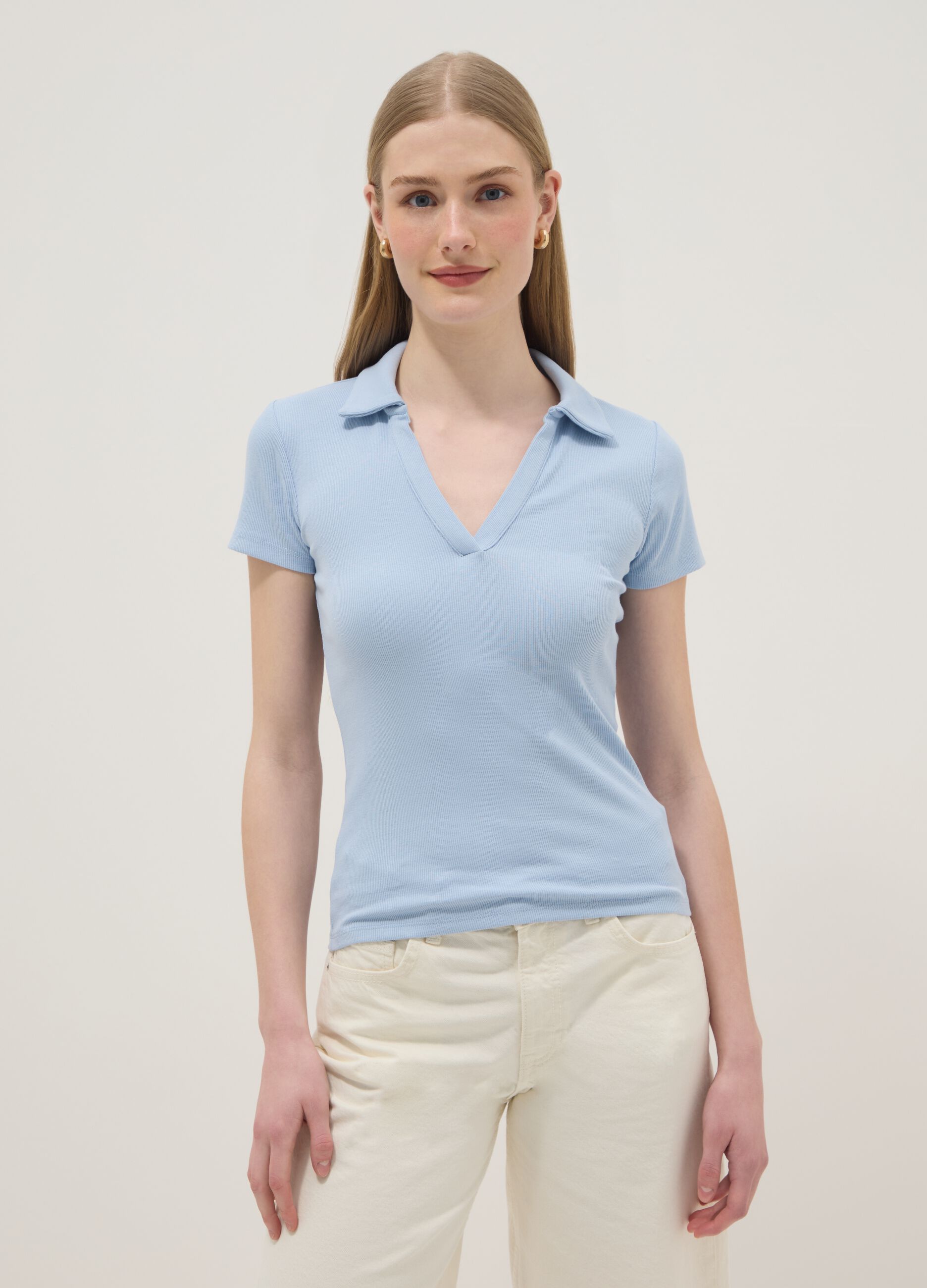 Sky Blue Stretch Cotton Polo Regular Fit Deep V-Neck