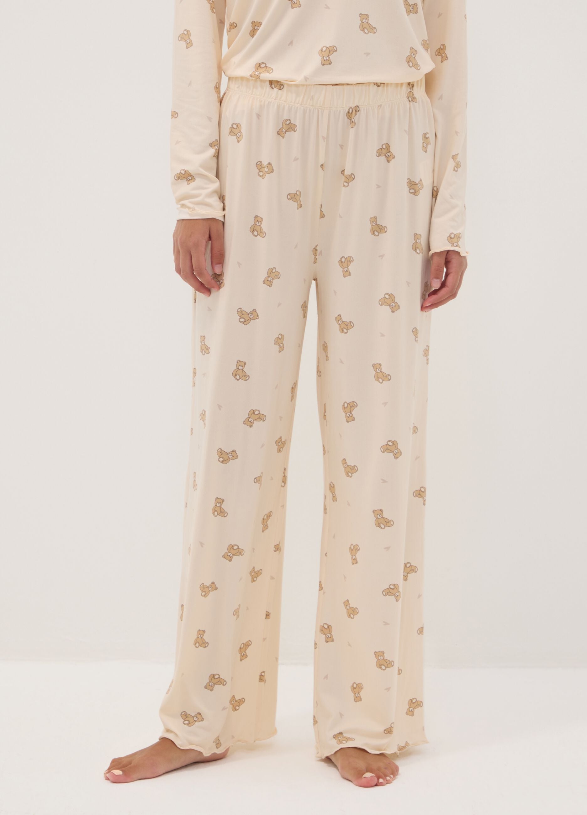 Cream-white stretch fabric crew-neck pyjamas