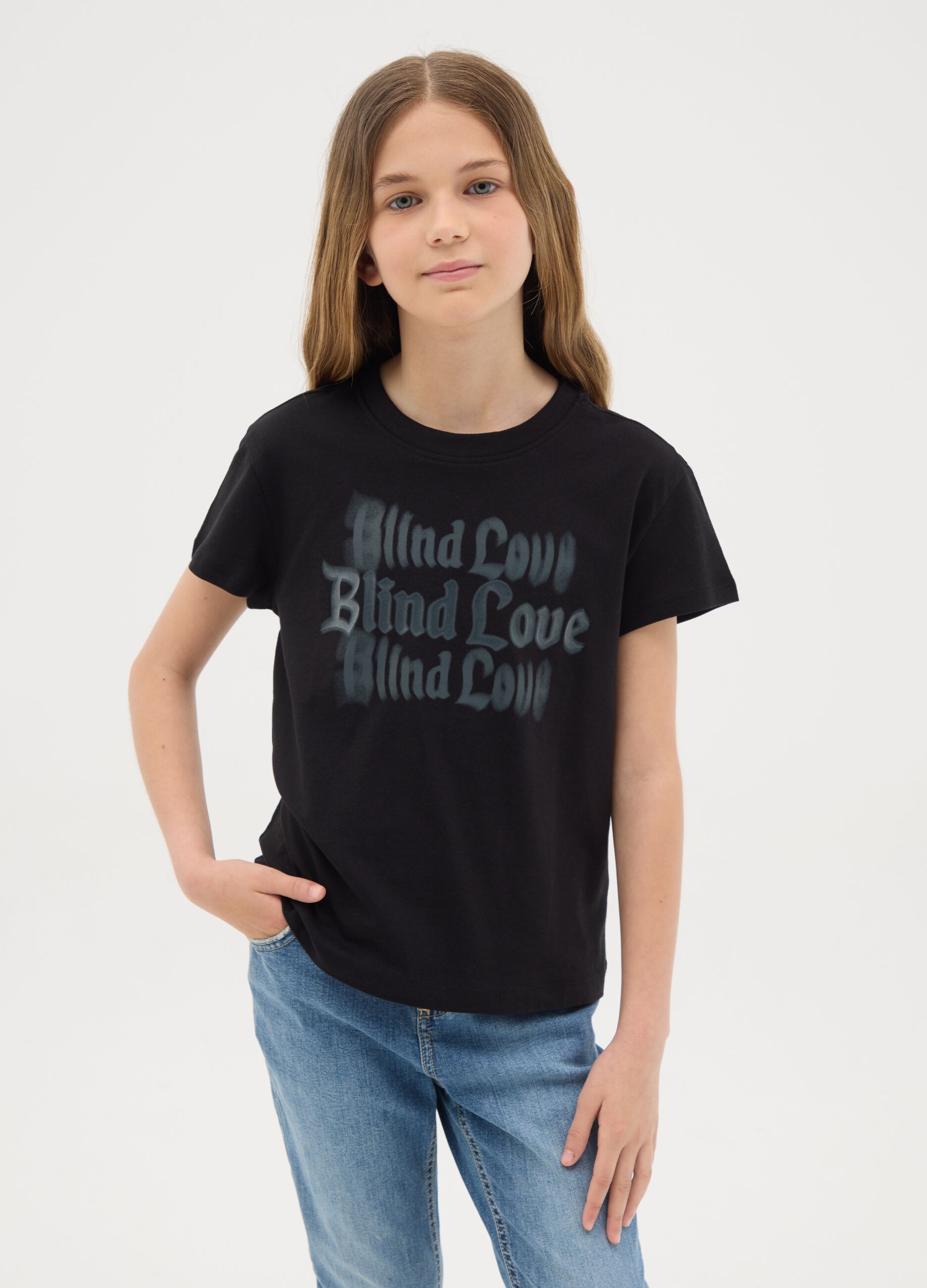 Black cotton T-shirt with lettering print