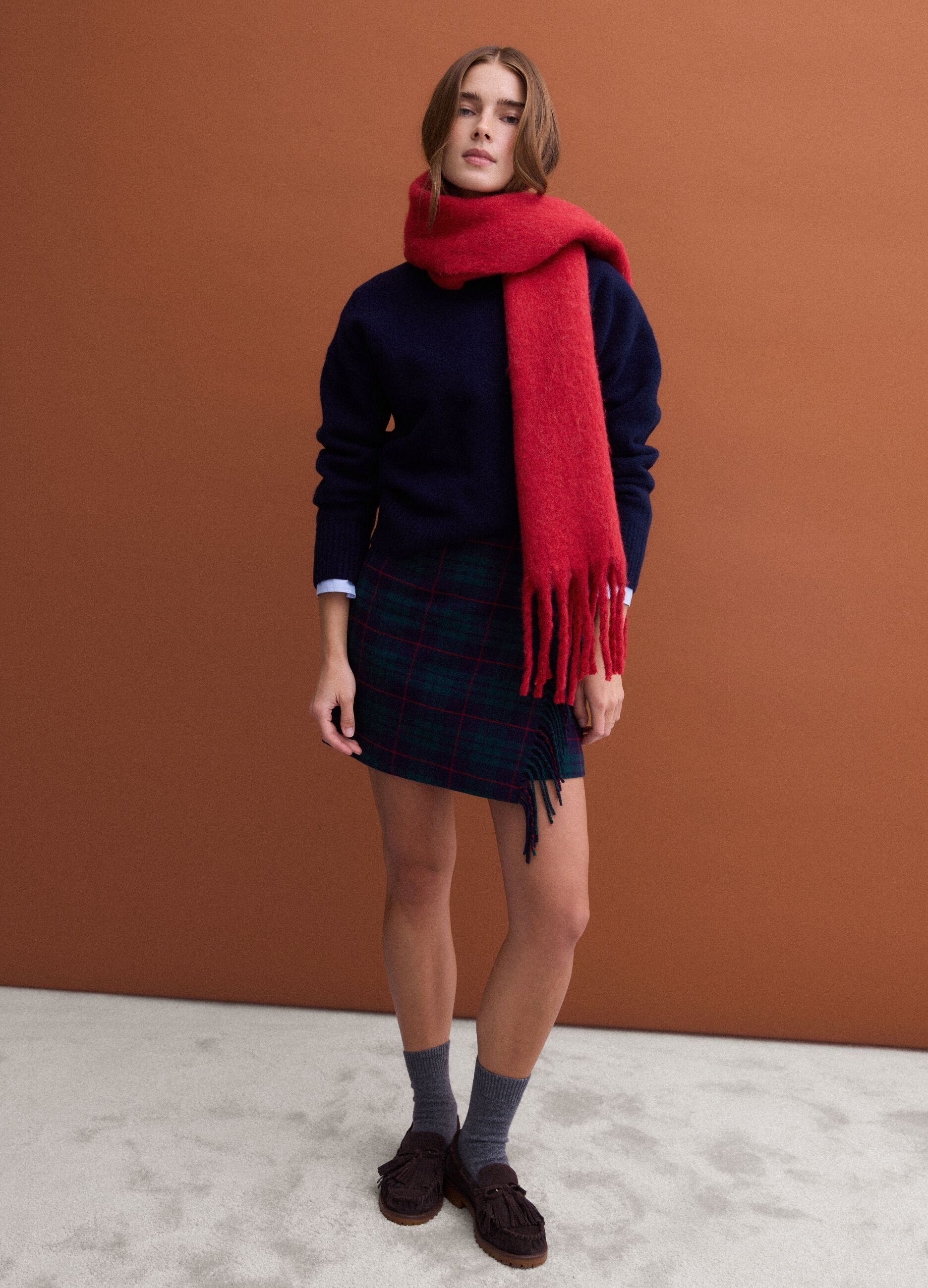 Green and blue checked wool and viscose-blend skirt