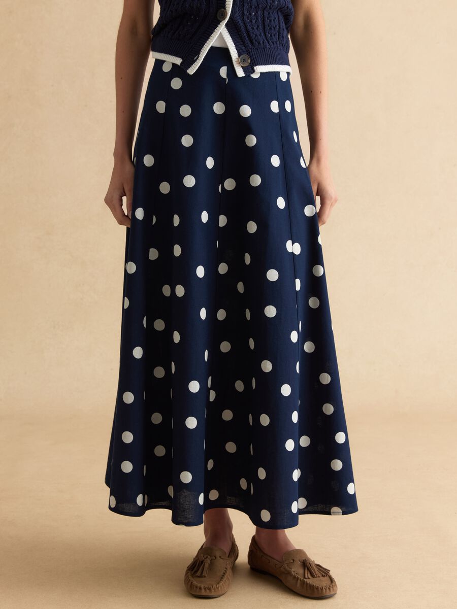 Long blue skirt with white polka dots in cotton and linen blend_1