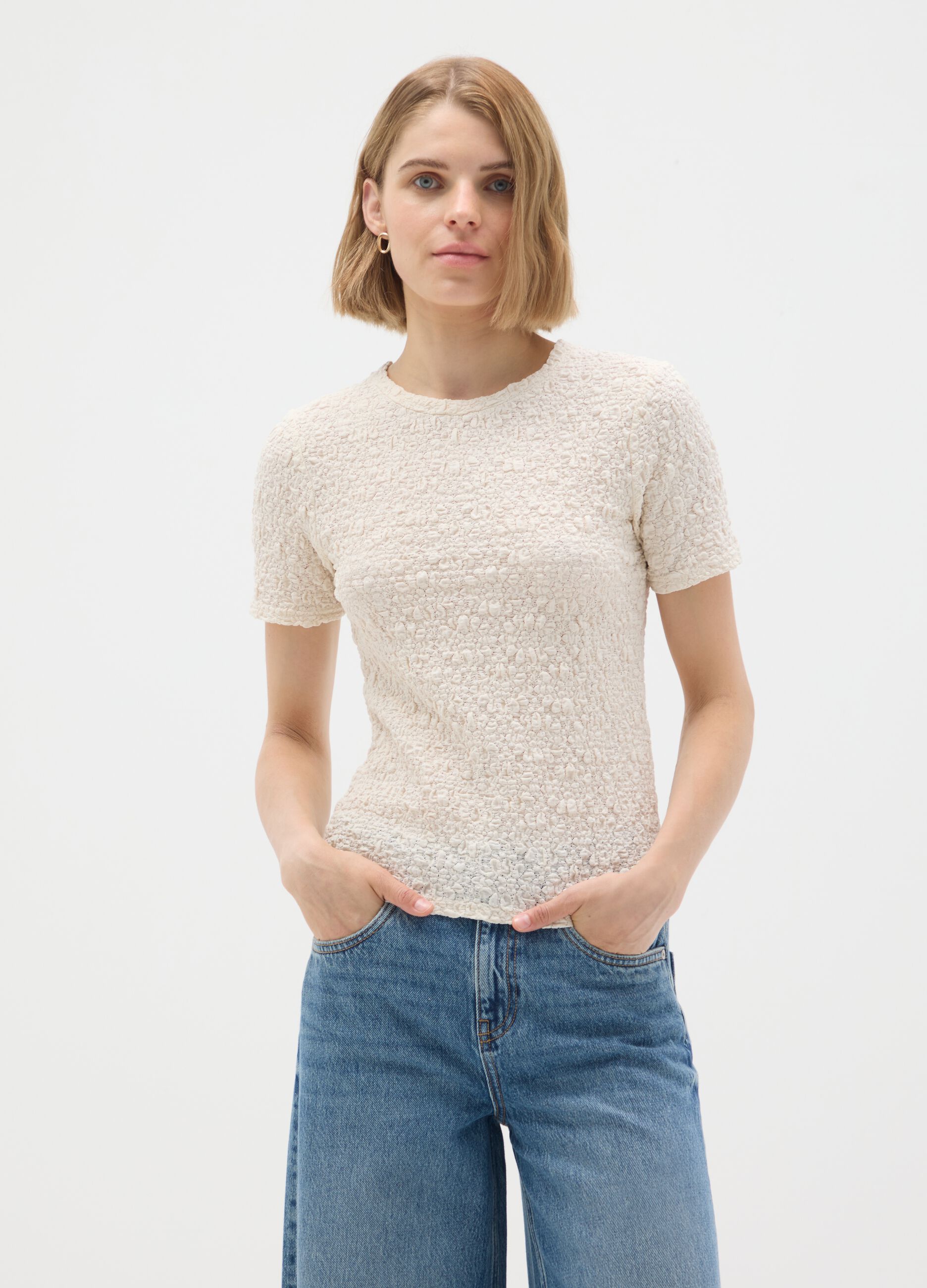 Beige regular fit cotton blend t-shirt
