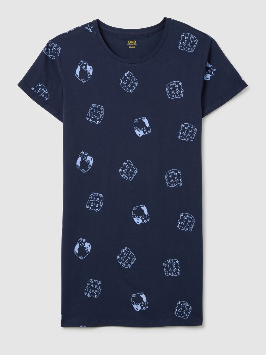 Camicia da notte blu con stampa in puro cotone_4