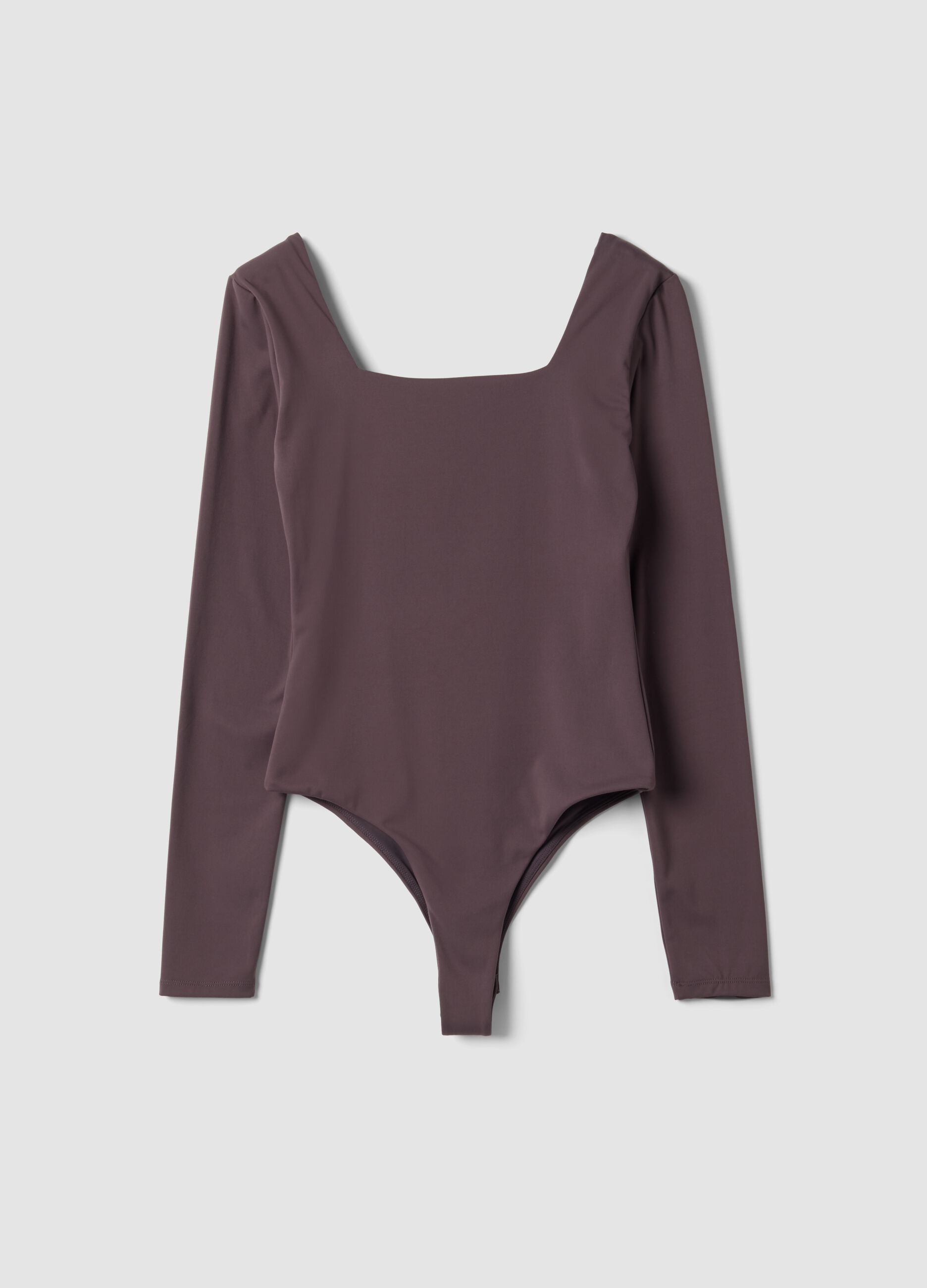 Brown stretch-fabric bodysuit with sweetheart neckline