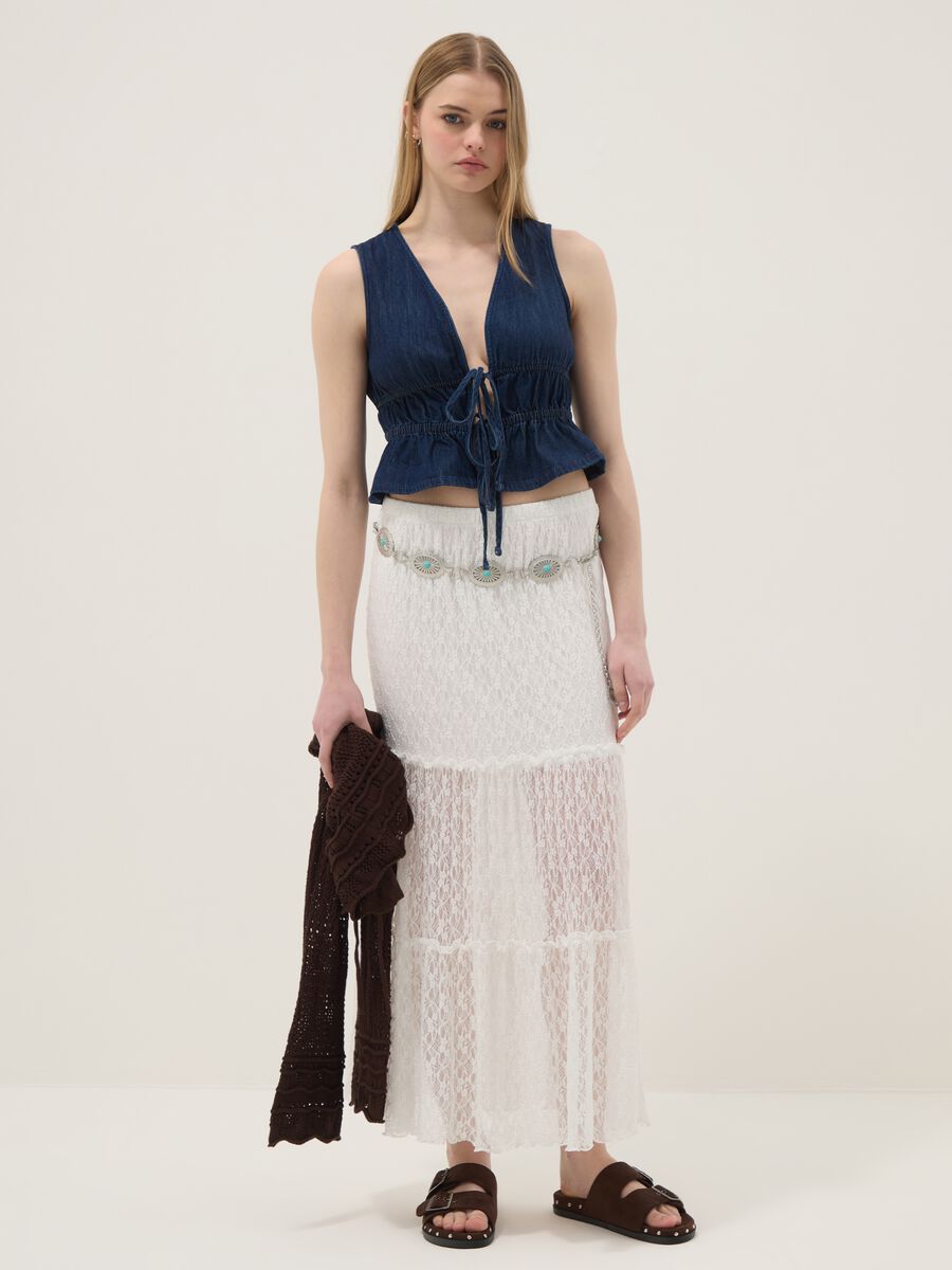 Blue sleeveless denim blouse in pure cotton, slim fit with tie fastening_2