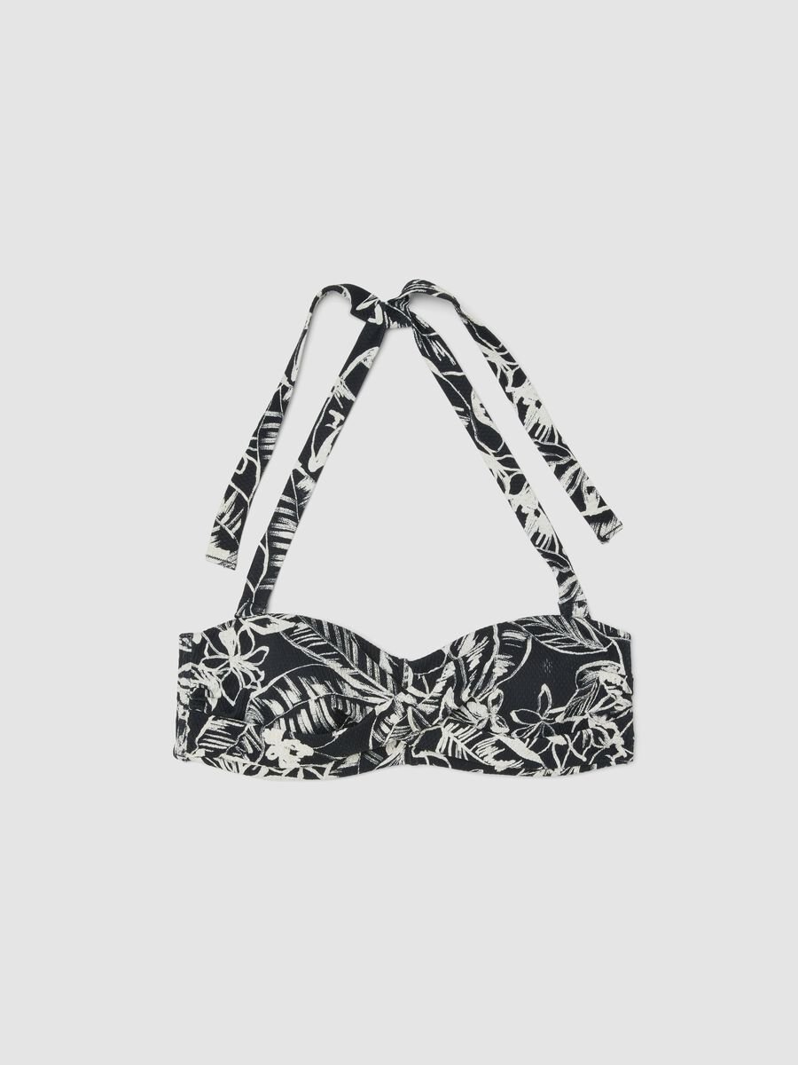 Top bikini a fascia in tessuto elasticizzato nero con motivo floreale_4