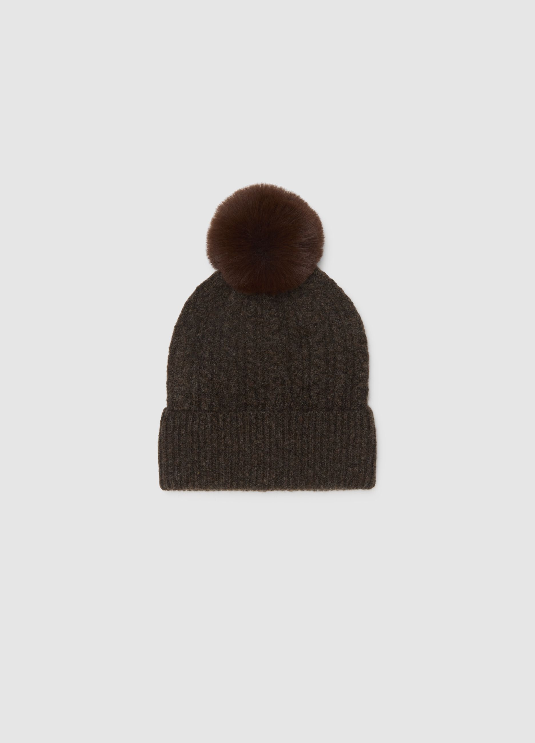 Brown knitted beanie hat with pompom