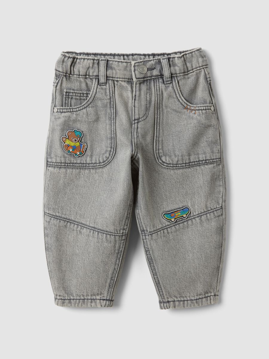 Jeans grigi baggy fit in puro cotone con stampe per bimbo_0