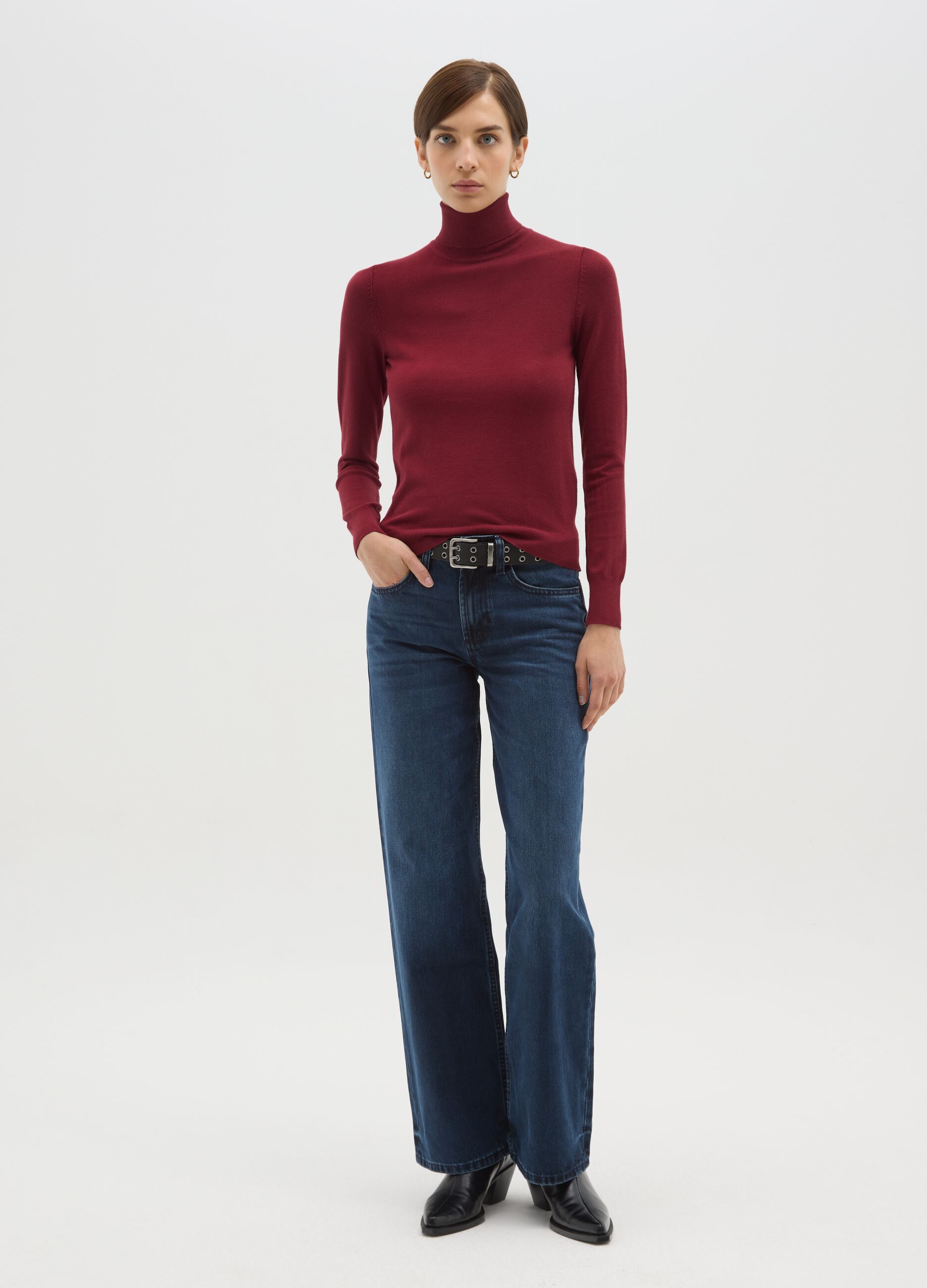 Red Ribbed Sweater with High Neck Regular Fit