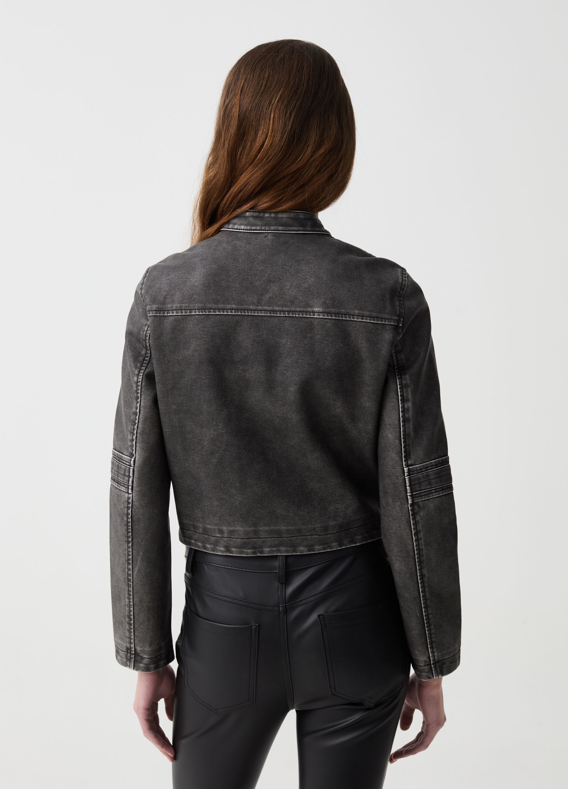 Glossy-effect biker jacket with zip