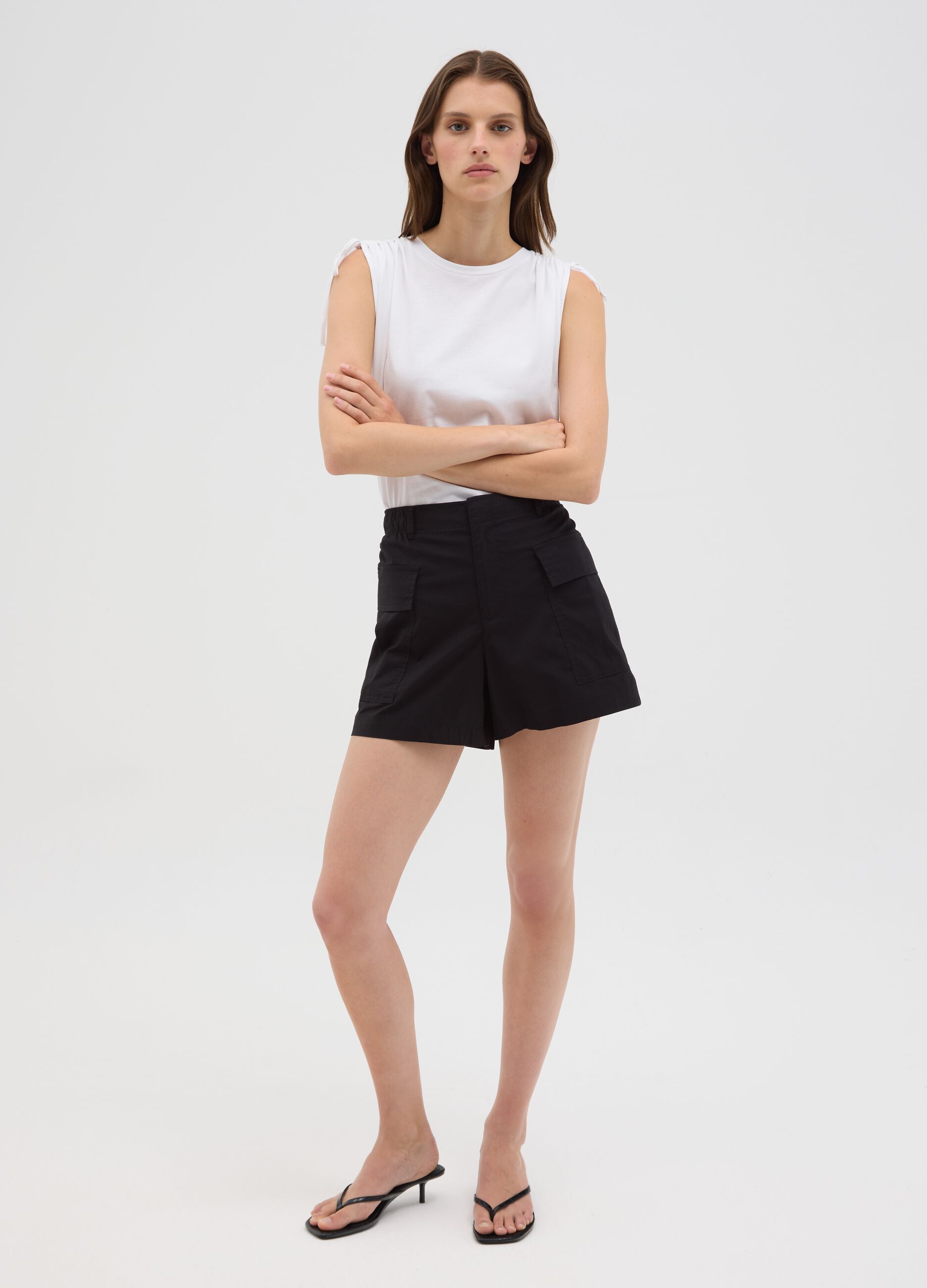 Women's white pure cotton T-shirt with regular fit and tie details