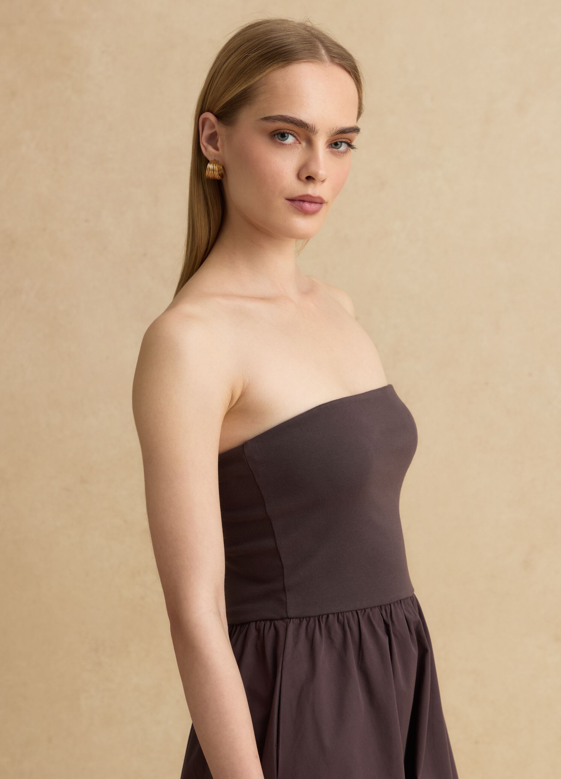 Brown maxi dress in stretch cotton, regular fit, strapless