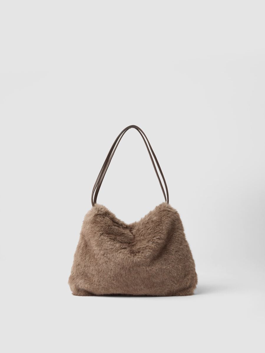 Borsa grigia a spalla con effetto peluche_1