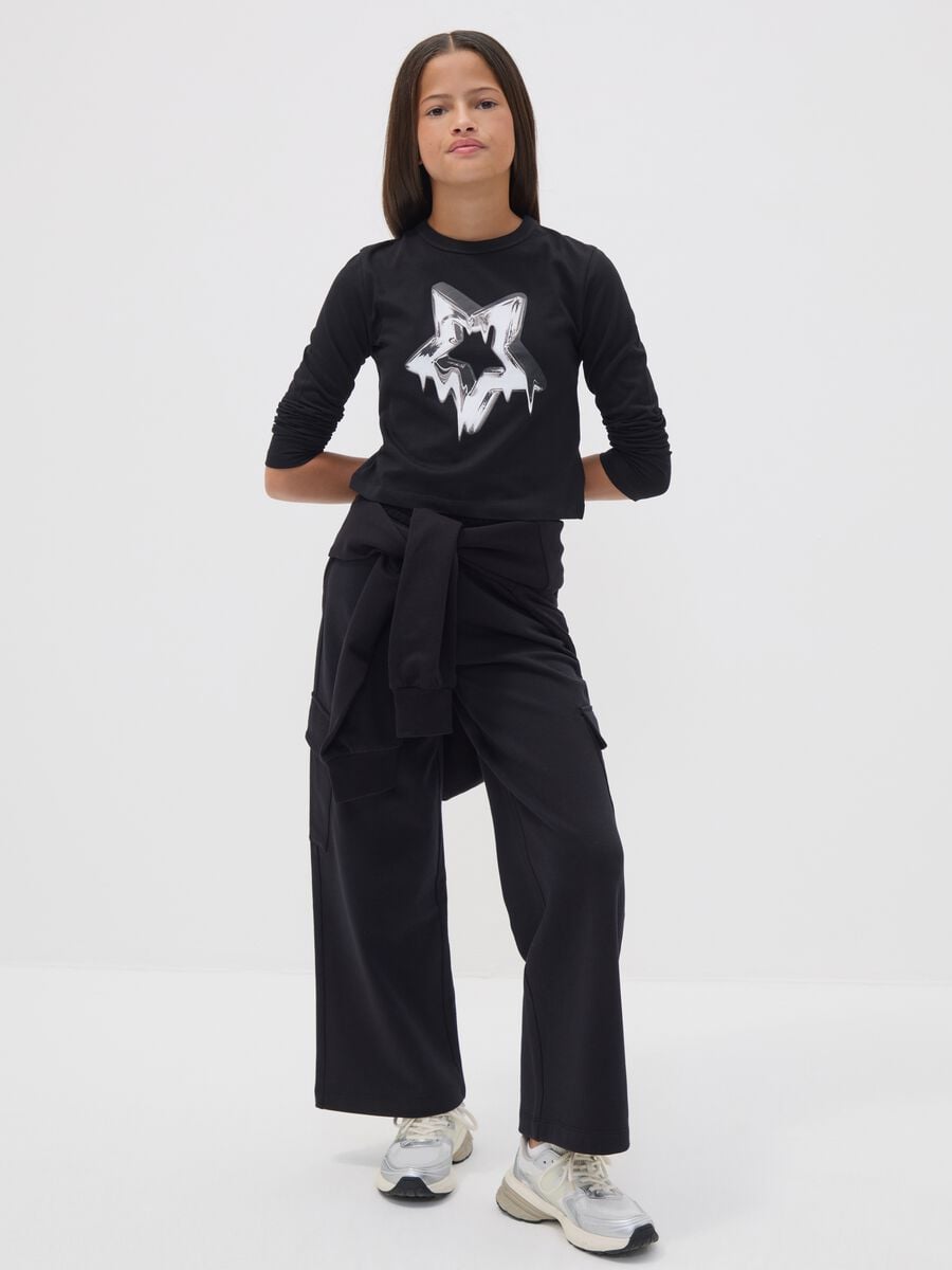 Black cotton culotte cargo trousers for girls_0