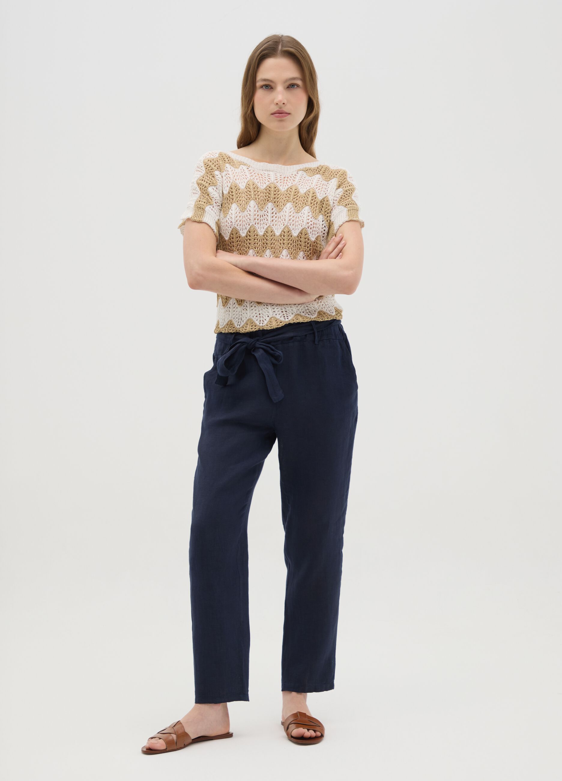 Women's pure blue linen trousers regular fit