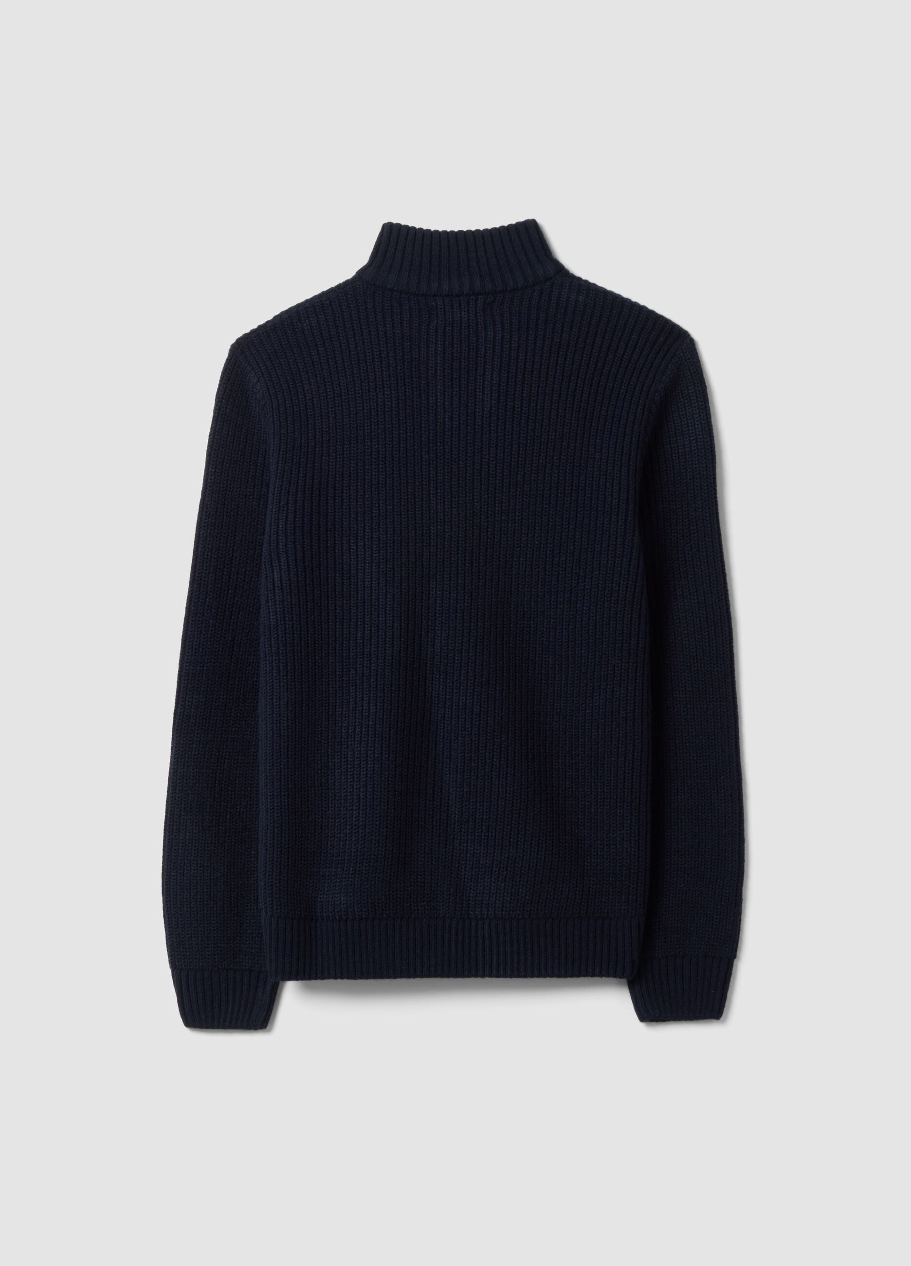 Navy rib-knit cardigan with collar and zip, regular fit