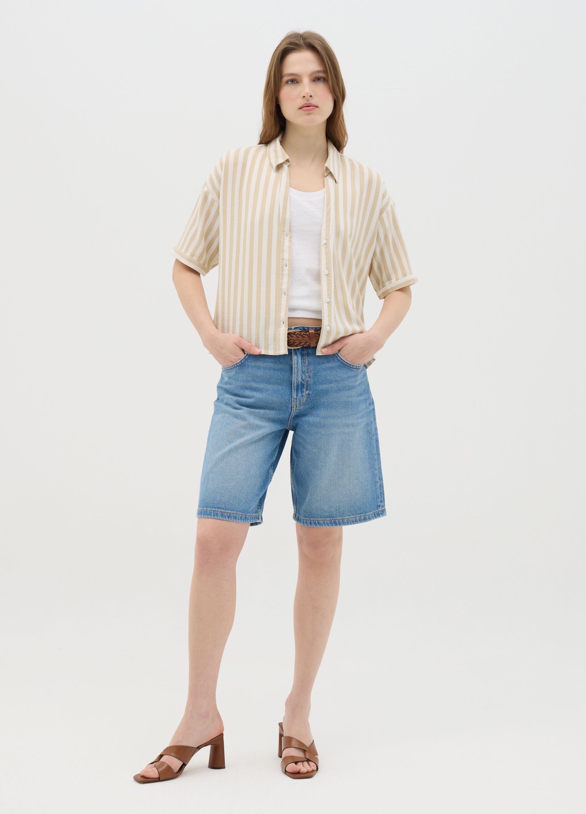 Beige and white striped linen and viscose shirt