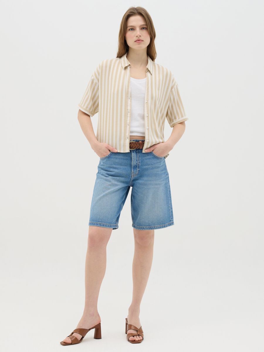 Beige and white striped linen and viscose shirt_1