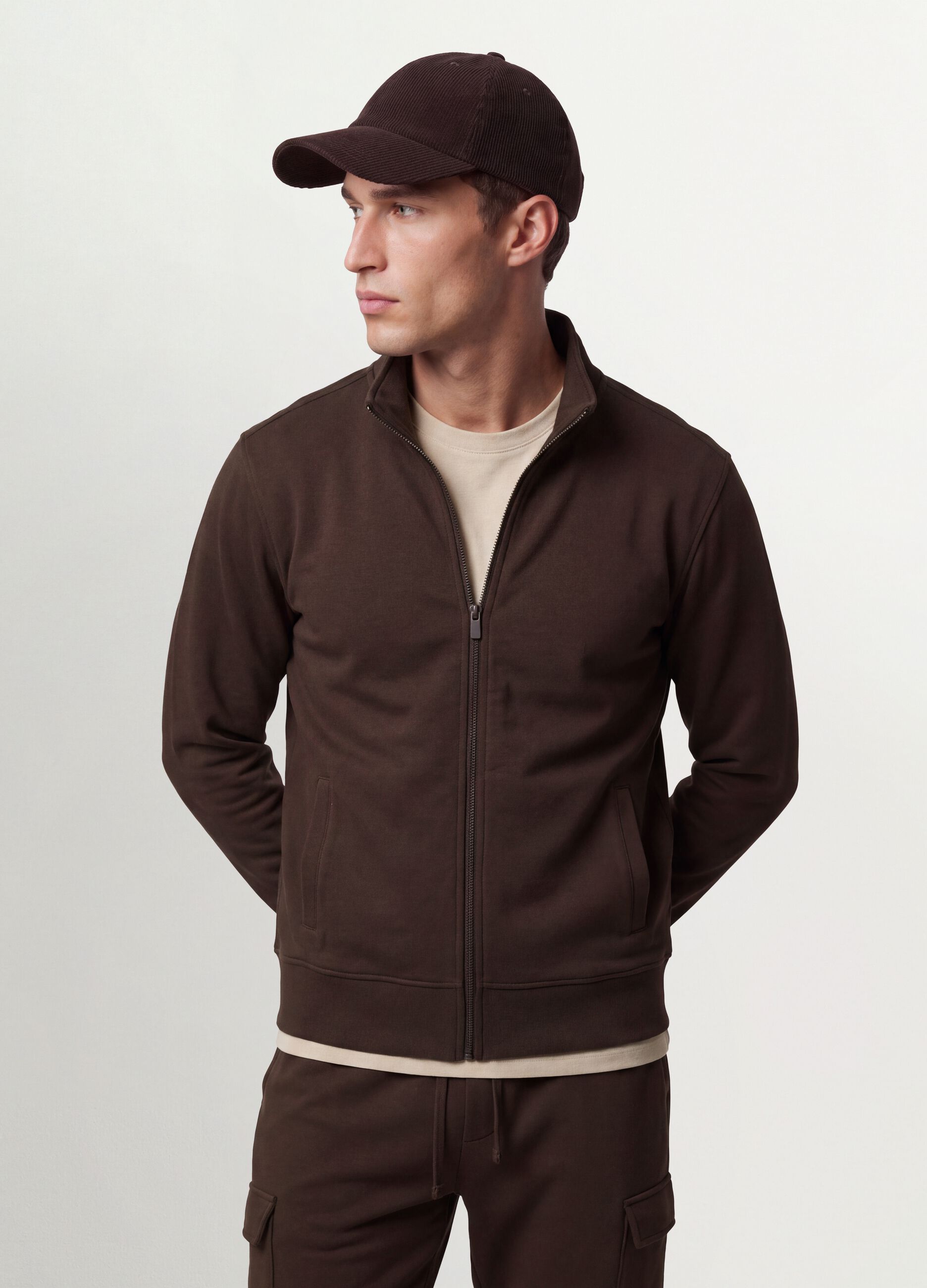 Brown cotton-blend sweatshirt with crew neck and zip, regular fit